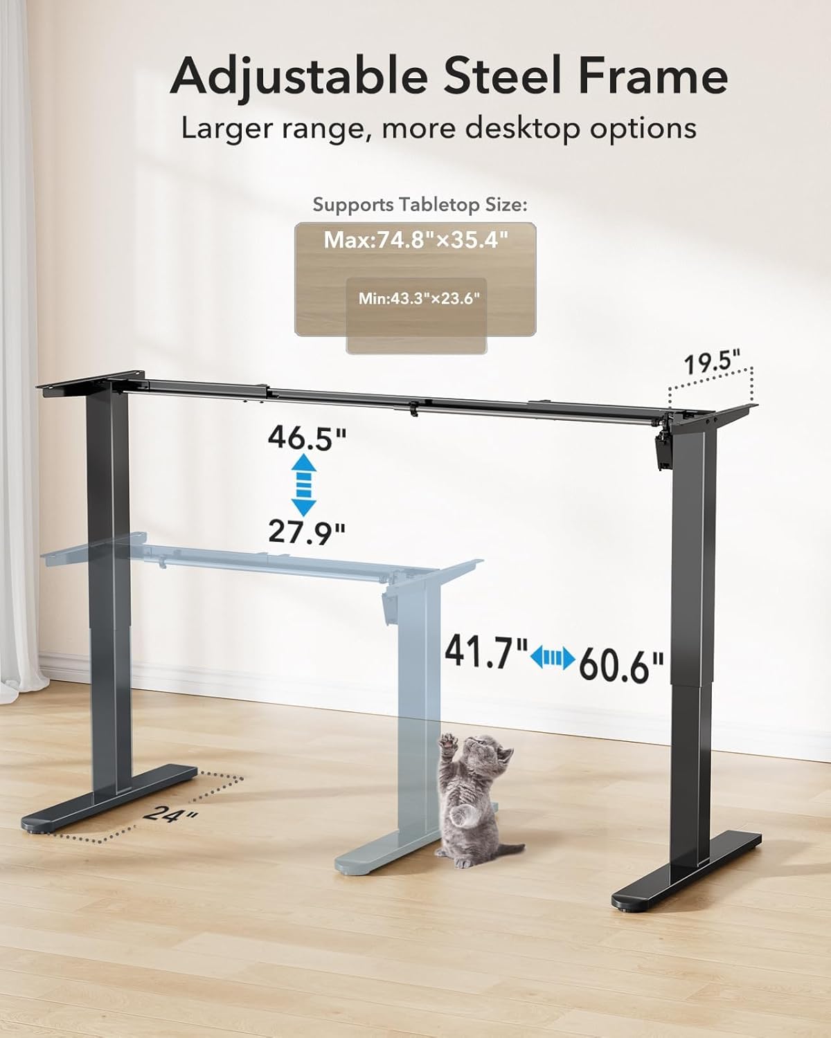 HUANUO Standing Desk Frame with 220lbs Powerful Brushless Motor, Thick T-Shaped Adjustable Desk Legs Made of Automotive-Grade Steel, for Max 75″ x 35″ Desktop, for Home Office, Black Frame Only