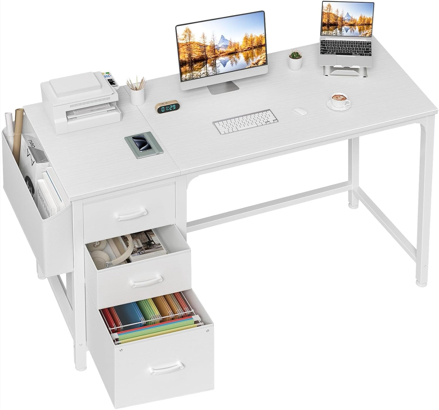 Lufeiya Computer Desk with Fabric File Drawers Cabinet, 47 Inch Reversible Home Office Desks with Filing Cabinet for Small Space, Study Writing Table PC Desks, Rustic Brown