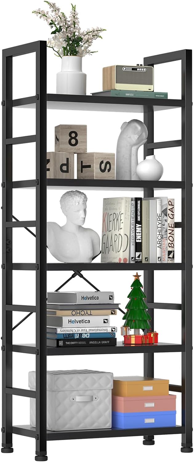 Sweetcrispy Book Shelf, 5 Tier Bookcase, Modern Tall Bookshelf for Garage Kit, CDs, Movies, Industrial Corner Storage Organizer for Bedroom Home Office Kitchen Living Room, Rustic Brown