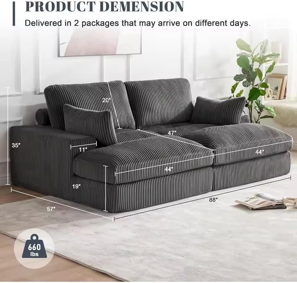 Oversized Chaise Lounge Sofa Chair Indoor 87" Upholstered Plush Corduroy Boneless Lounge Couch with Throw Pillows
