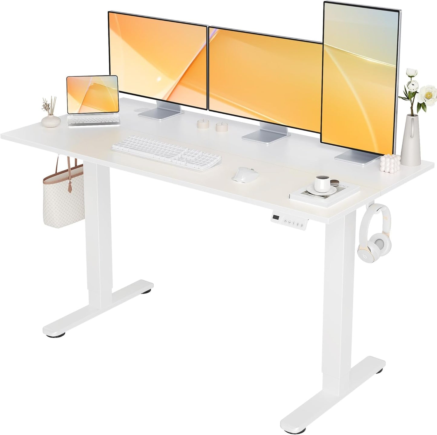 Seang Electric Standing Desk Adjustable Height, 40 x 24 Inch Sit Stand Desk with T-Shaped Frame, 3 Memory Presets & Cable Management for Home Office Computer Workstation, Black Frame/Black Top