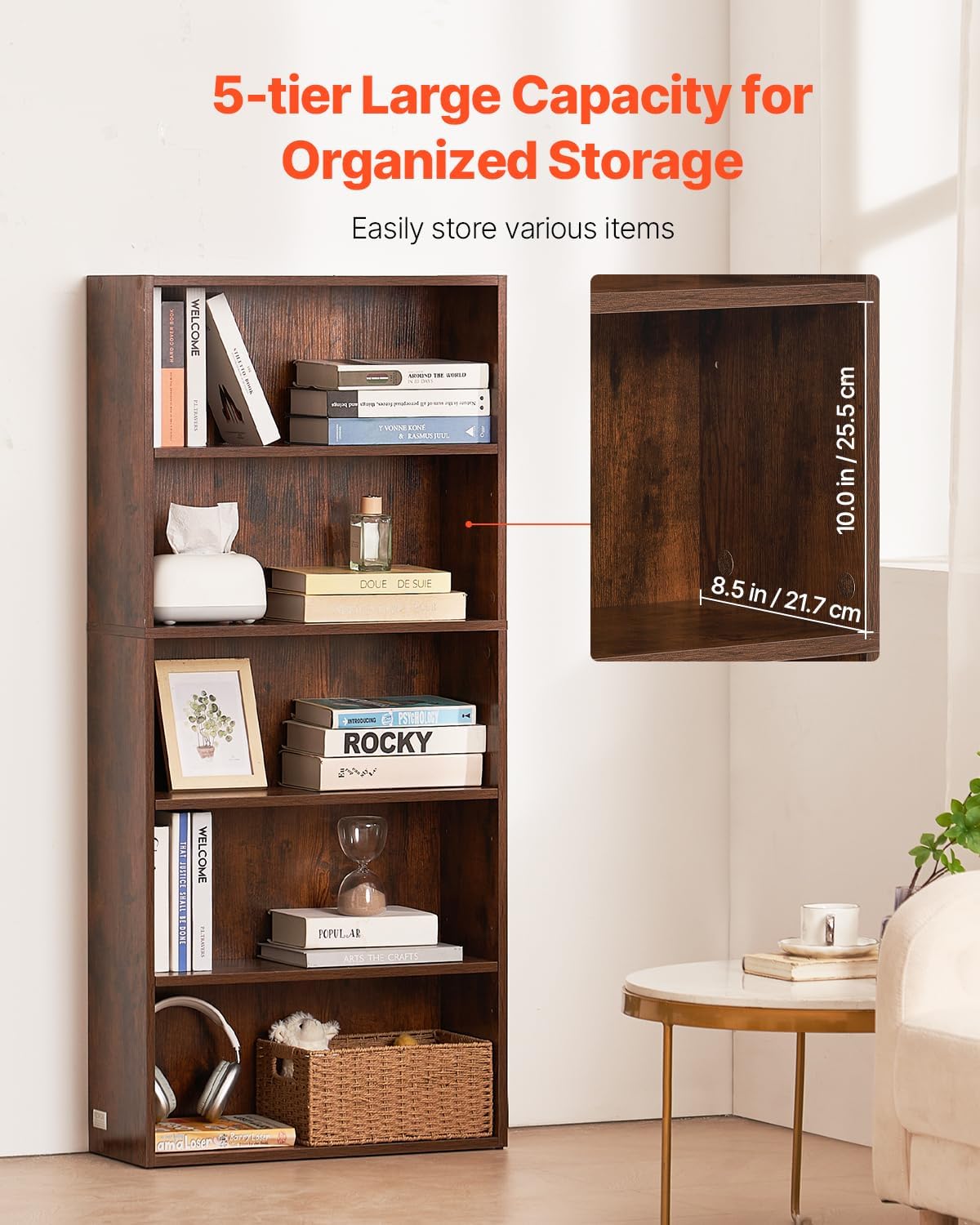 VEVOR 5 Tiers Narrow Bookshelf, 53 in Wooden Open Bookcase with Height-Adjustable Shelf, Freestanding Tall Display Storage Floor Bookcase Bookshelf for Library, Bedroom, Living Room, Office, Brown