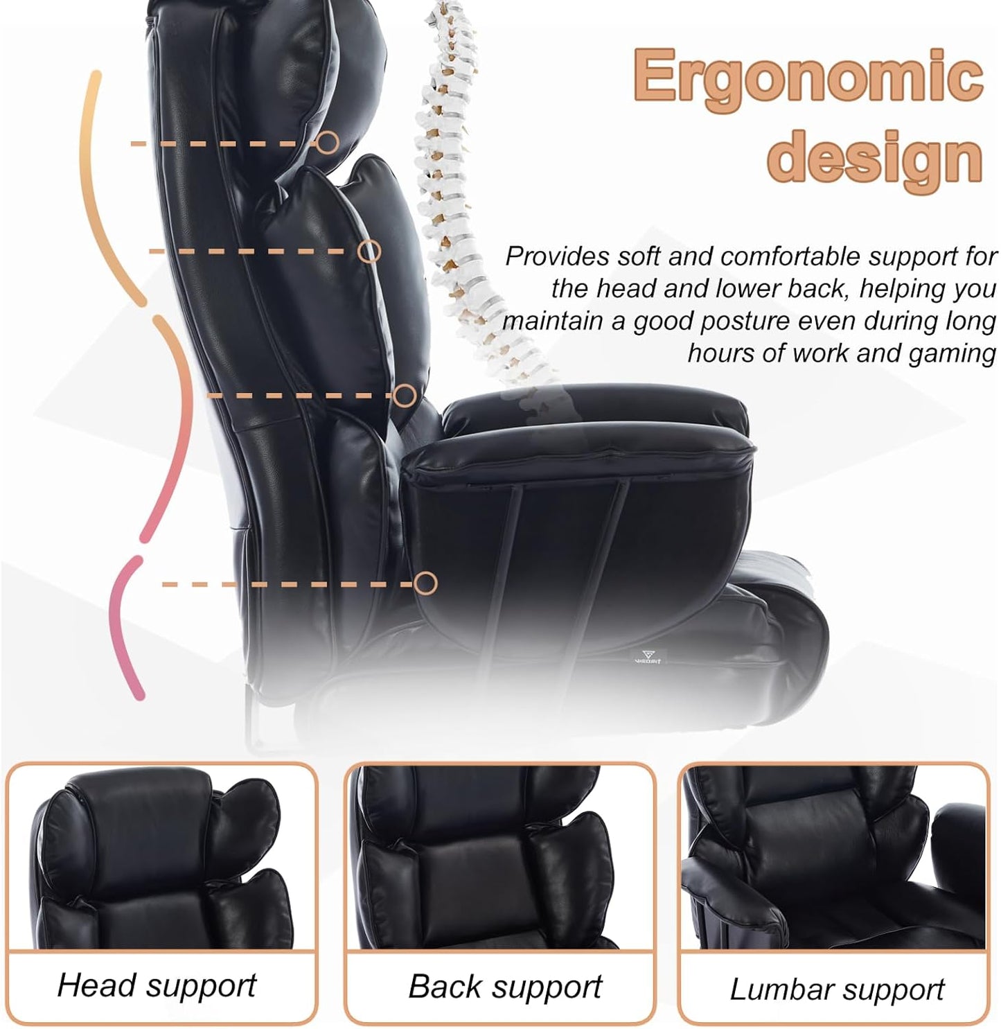 Big and Tall Office Chair, 500 lb. Wide Seat, Ergonomic with Lumbar Support for Low Back Pain Relief, Heavy Duty Office Chair with Clamshell Armrests and Extended Seat (Black)