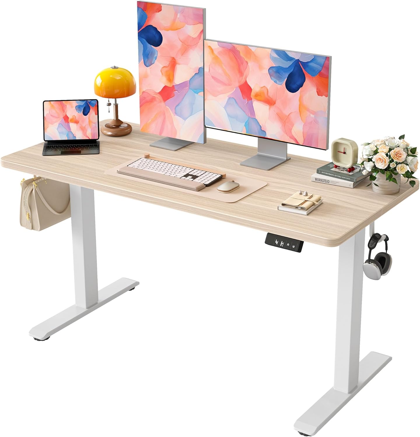 TIQLAB Height Adjustable Electric Standing Desk, 47 x 24 inch, Sit Stand Up Desk, Splice Board, Computer Home Office Desk, White Frame/Maple Top