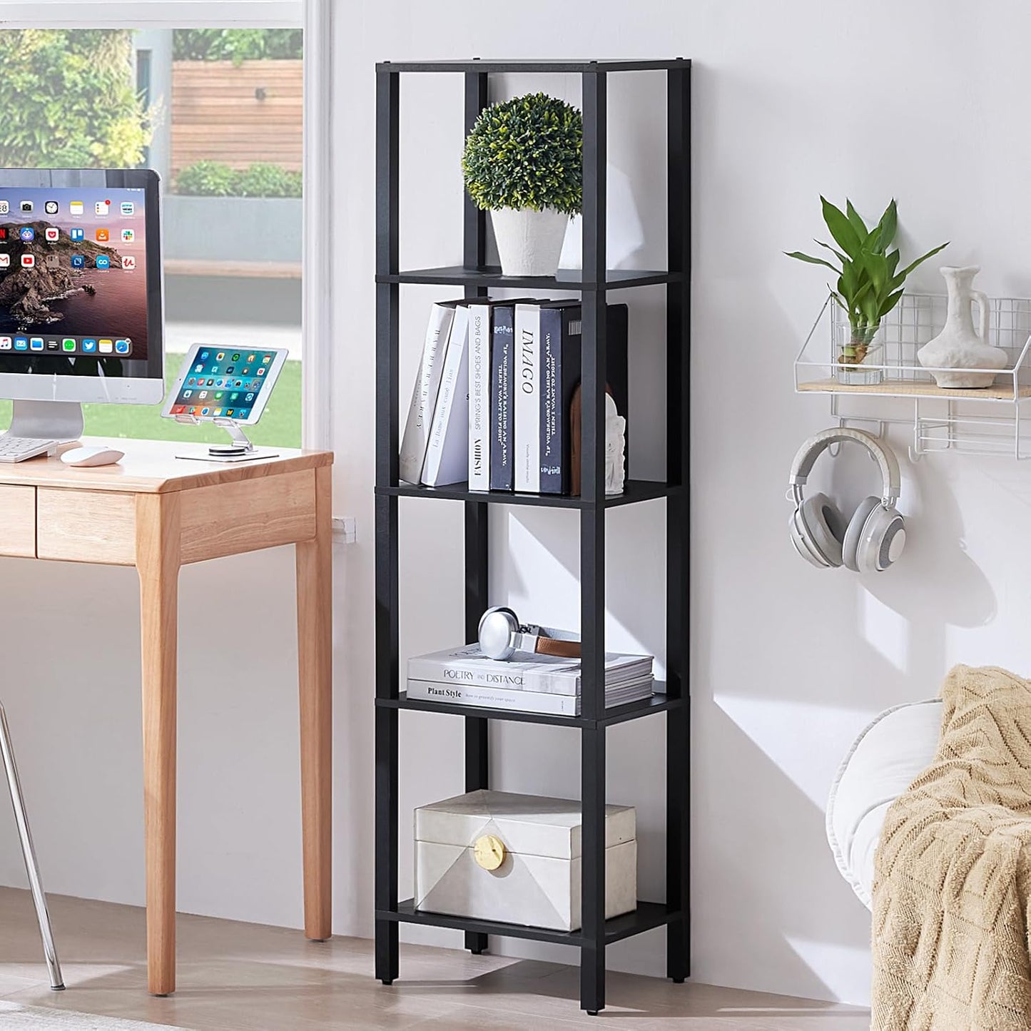 54in Tall Bookshelf 5-Tier Small Narrow Bookcase, Skinny Book Shelf for Small Space, Farmhouse Slim Shelf with Storage, Wood Freestanding Display Thin Bookshelves for Living Room, Office, White