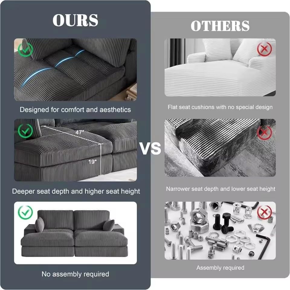 Oversized Chaise Lounge Sofa Chair Indoor 87" Upholstered Plush Corduroy Boneless Lounge Couch with Throw Pillows
