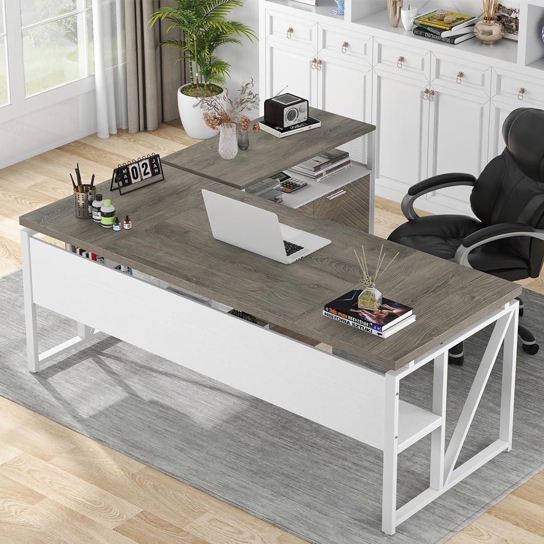 Tribesigns L Shaped Desk with Drawer Cabinet, 63" Executive Computer Desk and lateral File Cabinet, 2 Piece Home Office Furniture with Drawers for Hanging File, Doors with Locks (Gray, 63 inches)