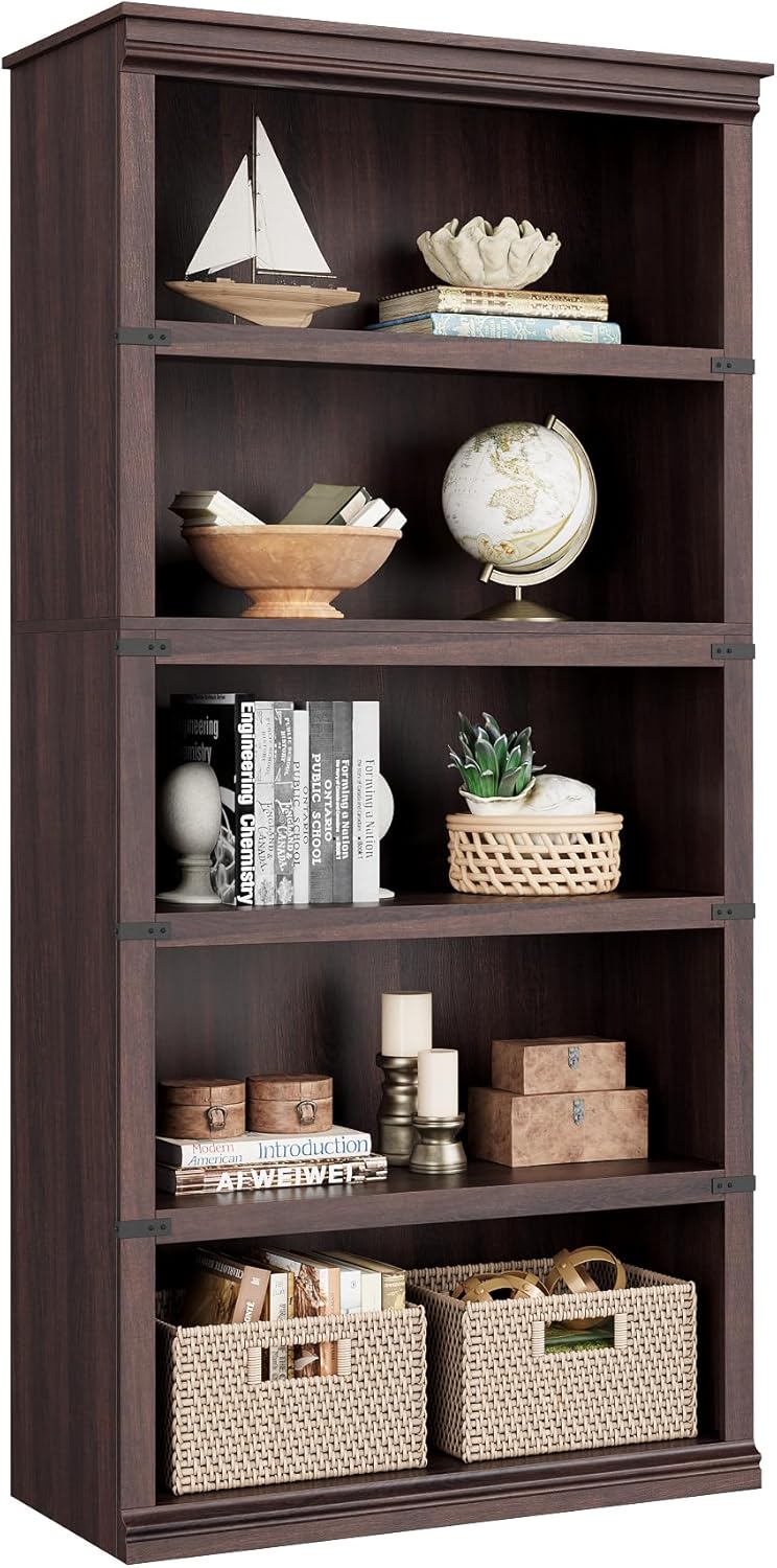 IDEALHOUSE 5 Tier Bookcase, Farmhouse Book Shelf with Storage, 71" Tall Book Case Wooden 5 Shelf Bookcase for Home Office, Living Room, Bed Room (Vintage, 67.4" H x 31.5" W x 12.8" D)