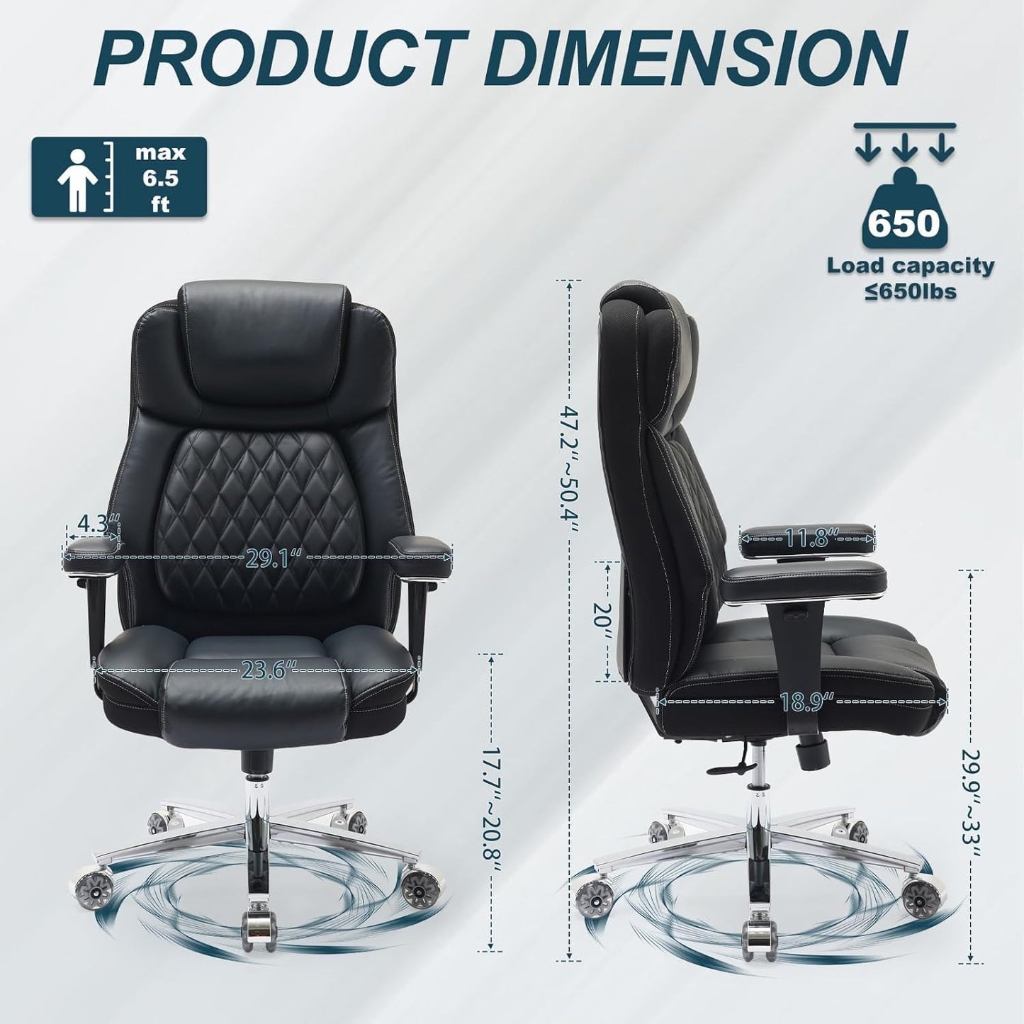 Big and Tall Office Chair 650lbs,Heavy Duty Office Chairs with Dual Rubber Wheels,Extra Wide Desk Chair,Adjustable Ergonomic Lumbar Support,High Back Rocking Computer Chair for Heavy People