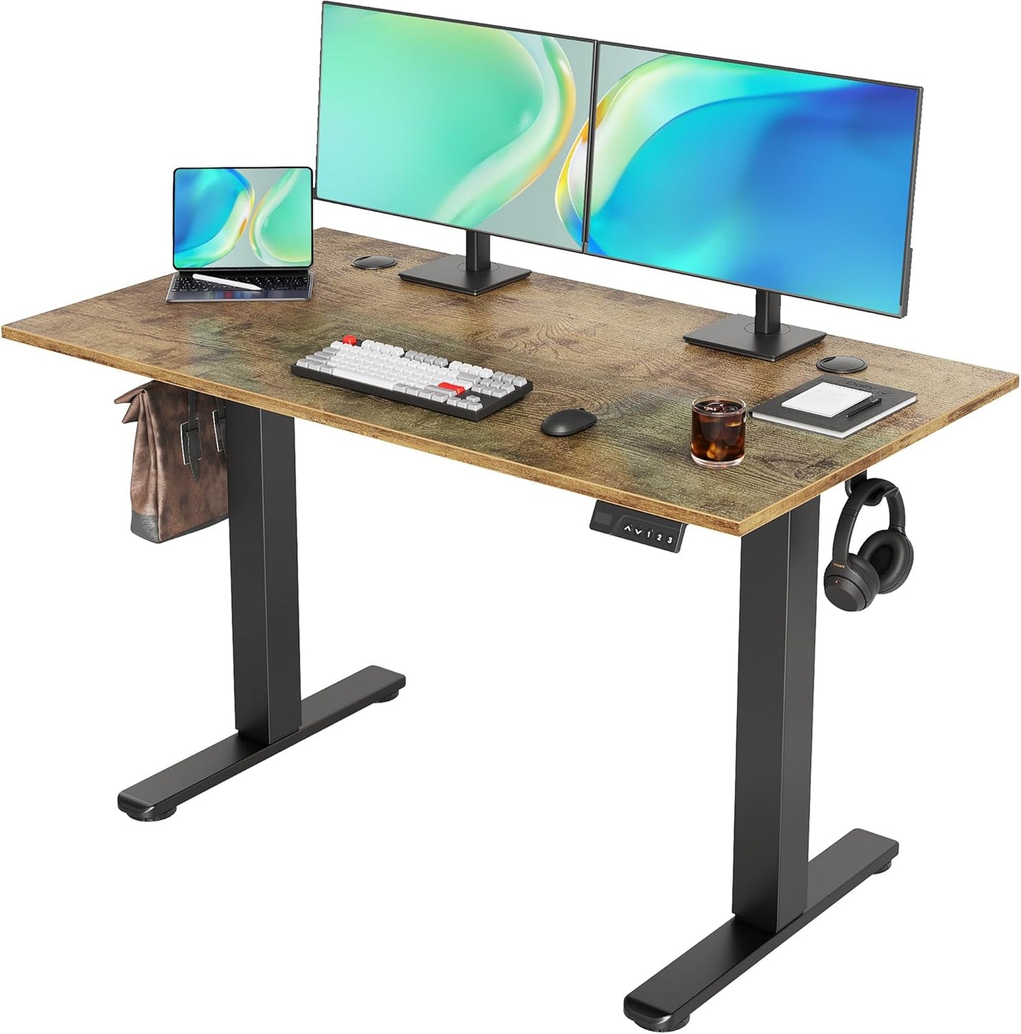 Seang Electric Standing Desk Adjustable Height, 40 x 24 Inch Sit Stand Desk with T-Shaped Frame, 3 Memory Presets & Cable Management for Home Office Computer Workstation, Black Frame/Black Top