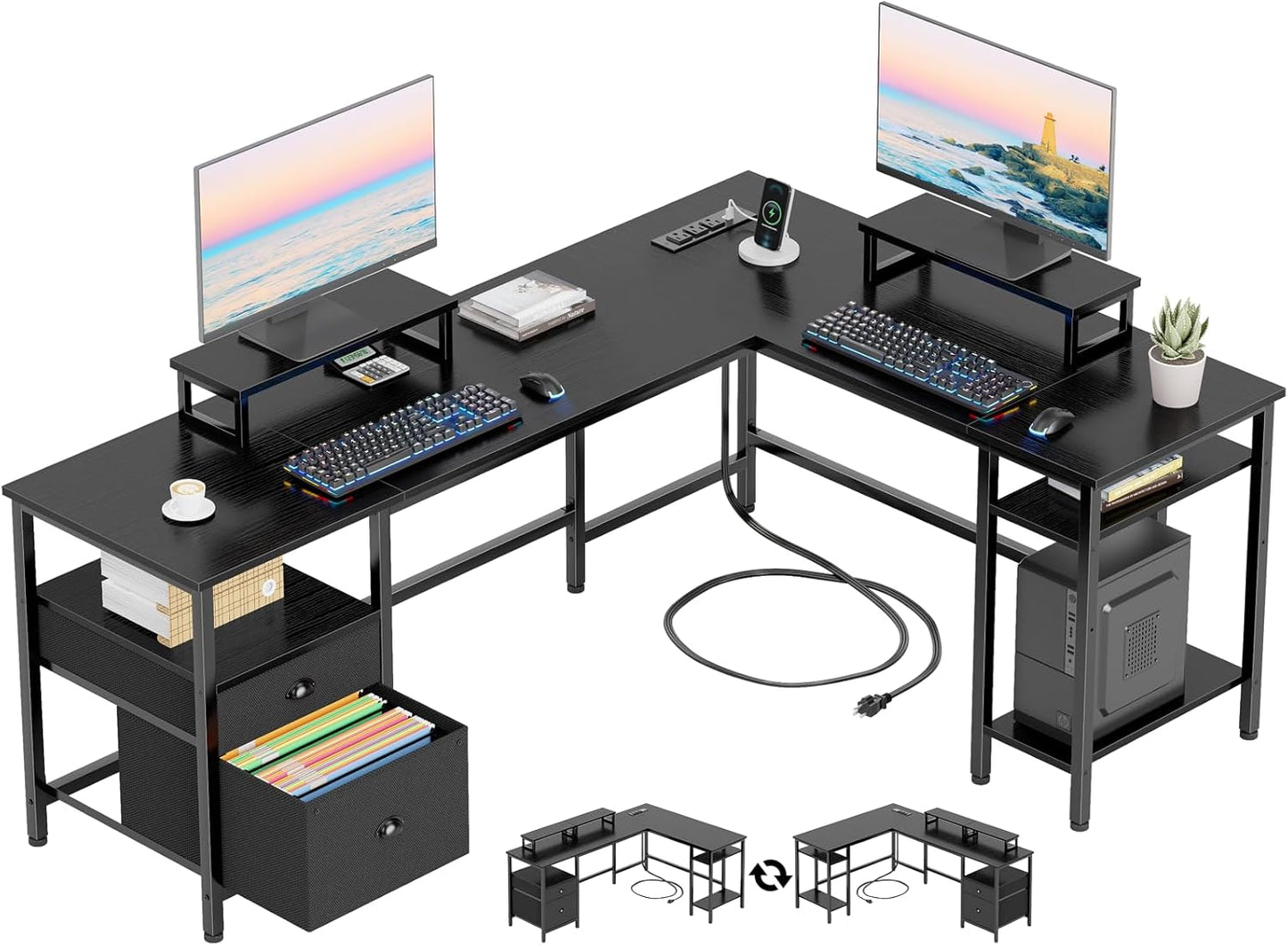 Furologee 66” L Shaped Desk with Power Outlet, Reversible Computer Gaming Desk with File Drawer & 2 Monitor Stands for Home Office with Storage Shelves, Rustic Brown