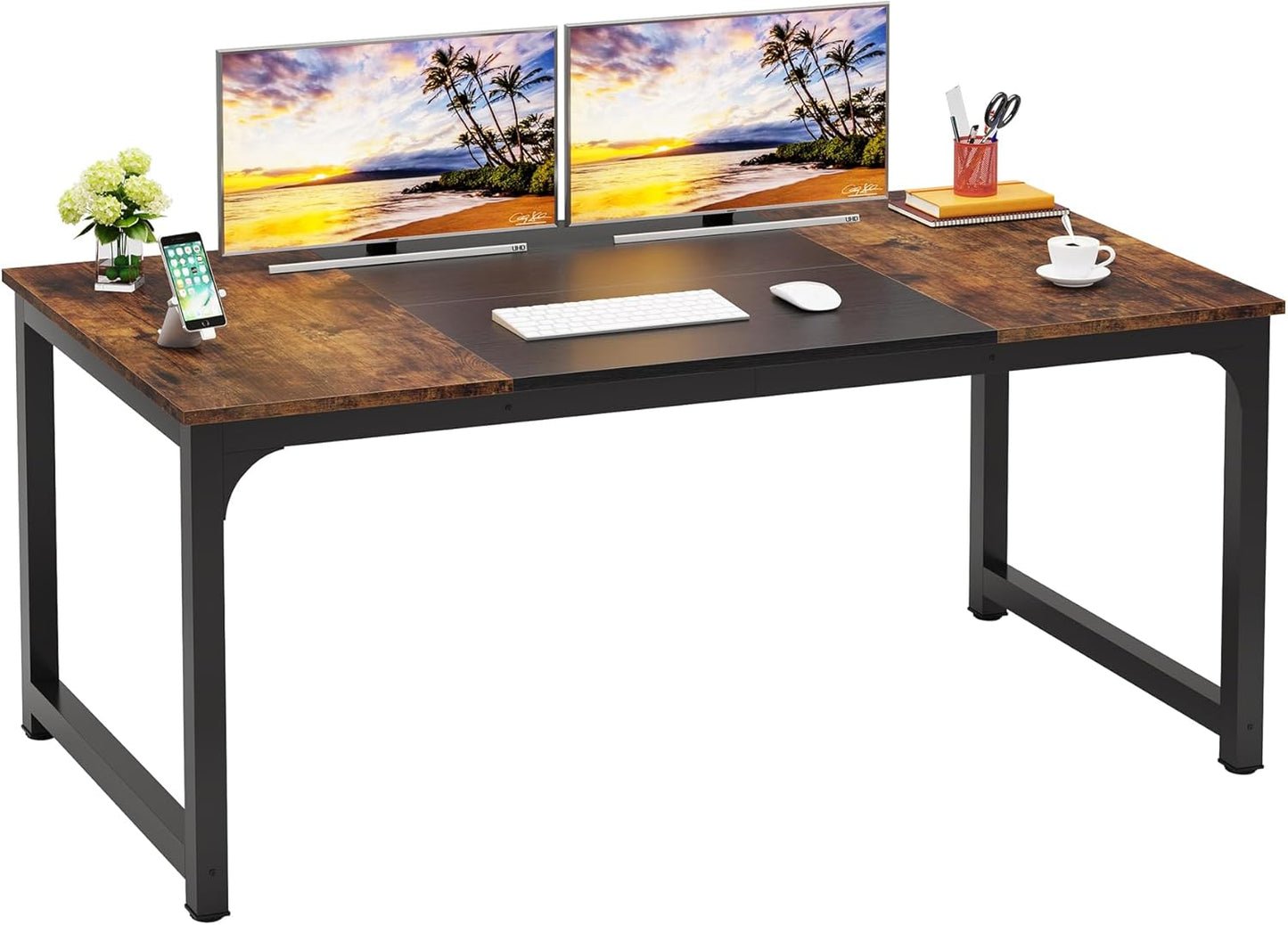 LITTLE TREE 63 Inch Large Executive Computer Office Desk, Brown+Black