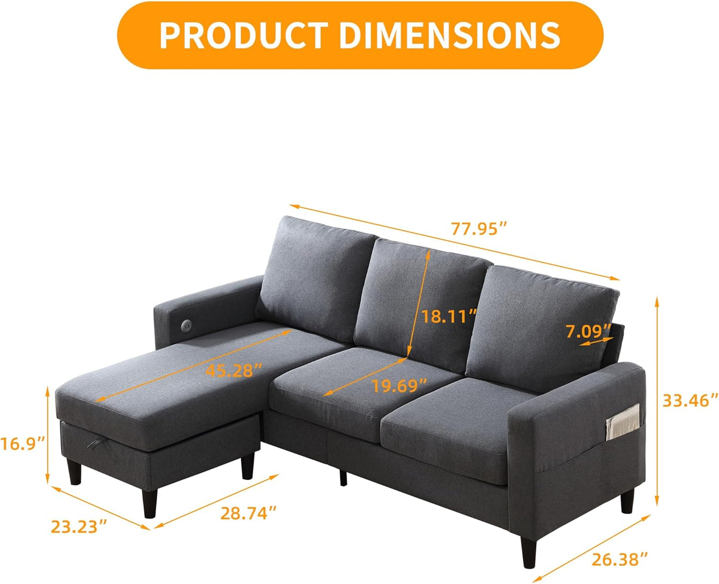 Convertible Sectional Couches for Living Room, L-Shaped Couch 3 Seats Sofas with Storage Chaise & TPC Charging Port, Small Sofa for Apartment, Compact Spaces, Linen, Dark Grey