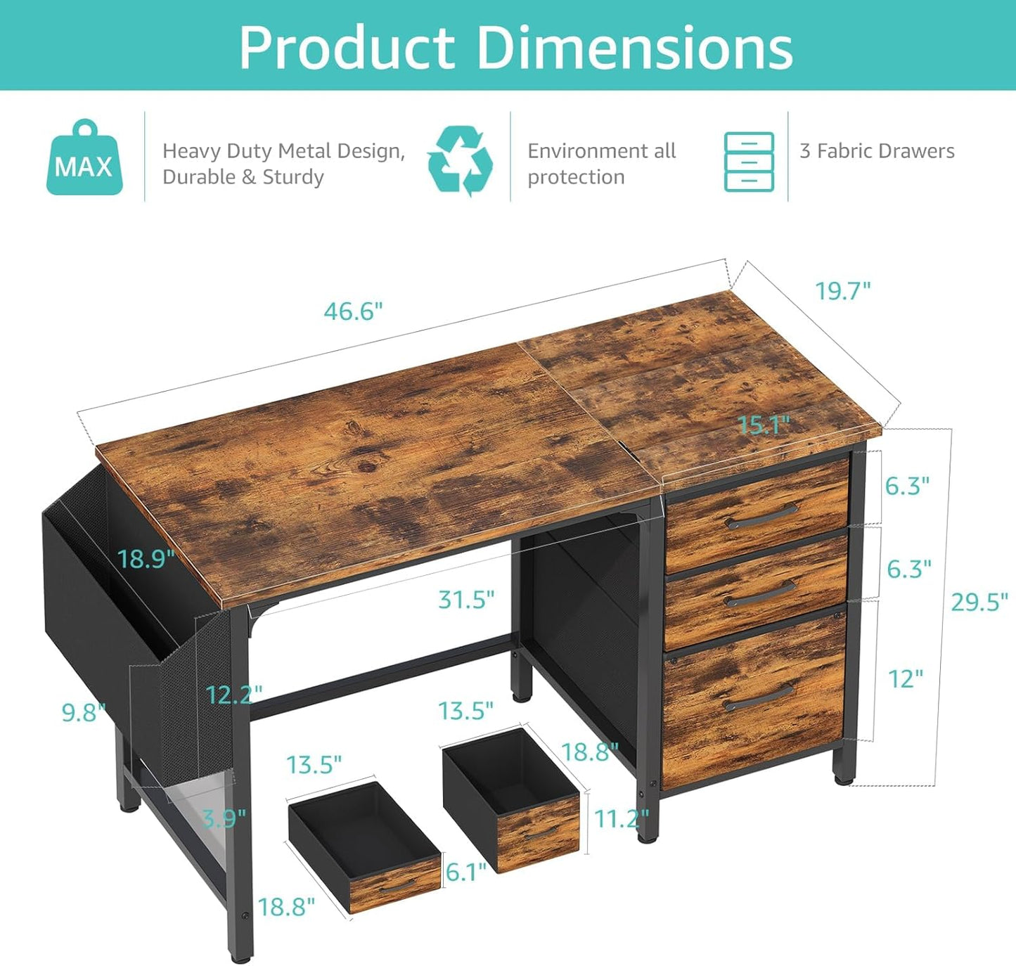 Lufeiya Computer Desk with Fabric File Drawers Cabinet, 47 Inch Reversible Home Office Desks with Filing Cabinet for Small Space, Study Writing Table PC Desks, Rustic Brown