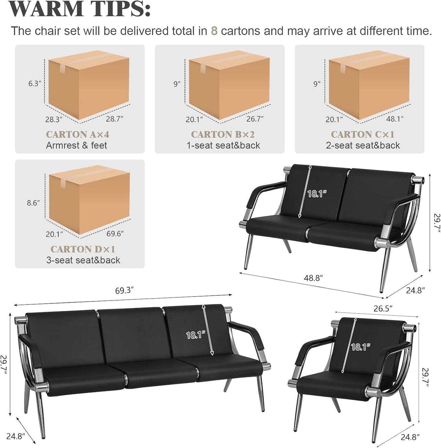 Kinpaw Waiting Room Chairs Reception Bench - Leather Office Chair with Padded Arms & Backrest, Heavy Duty, Black Comfy Conference Room Chairs for Meeting Conference, Office