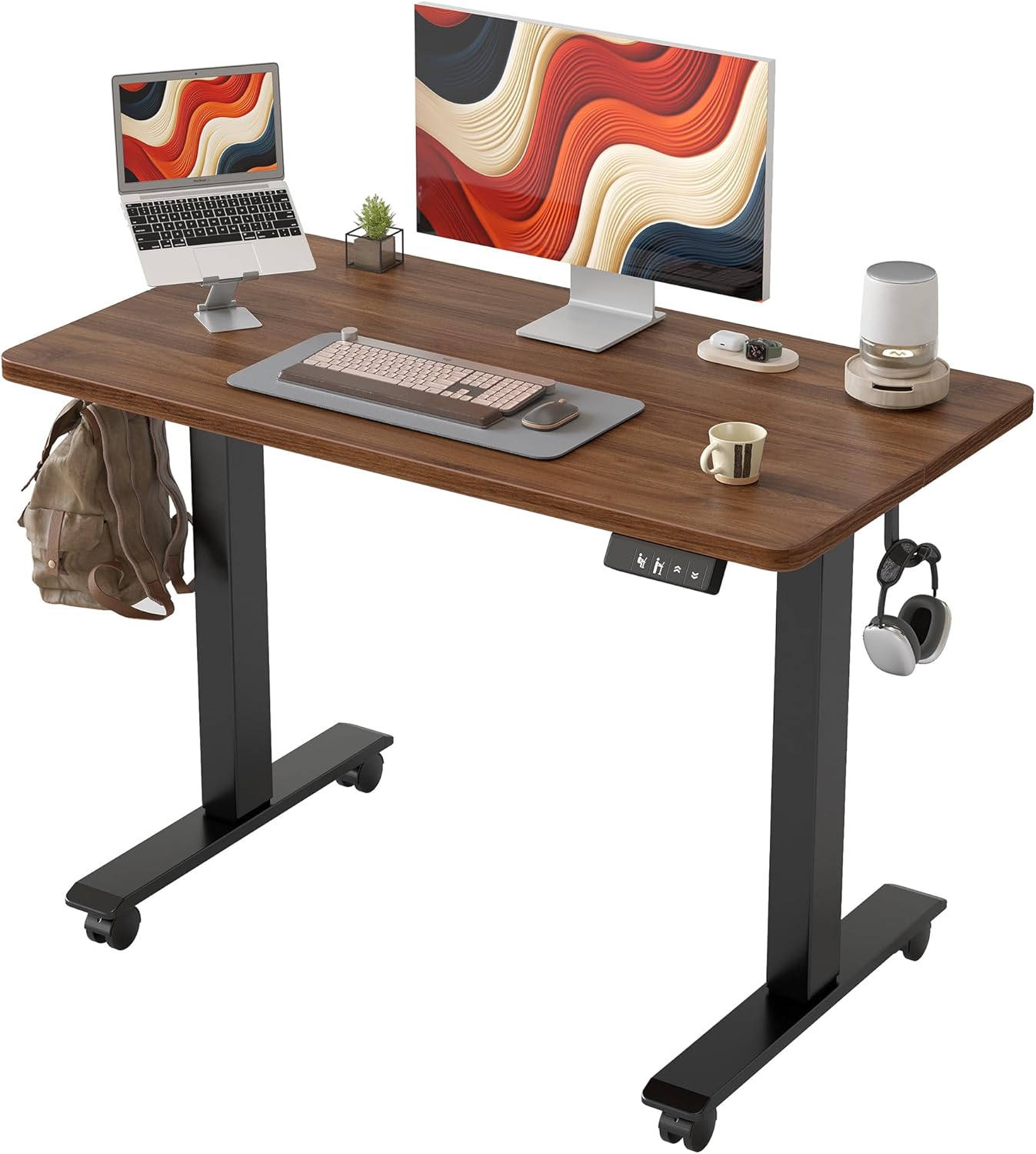 TIQLAB Height Adjustable Electric Standing Desk, 47 x 24 inch, Sit Stand Up Desk, Splice Board, Computer Home Office Desk, White Frame/Maple Top