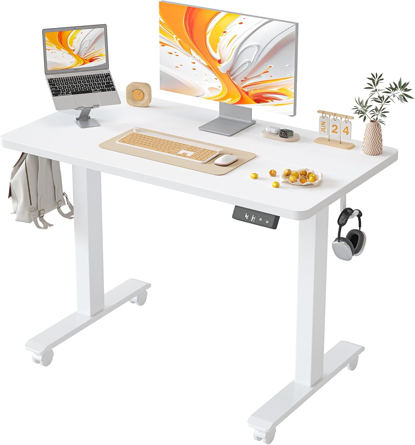 TIQLAB Height Adjustable Electric Standing Desk, 47 x 24 inch, Sit Stand Up Desk, Splice Board, Computer Home Office Desk, White Frame/Maple Top
