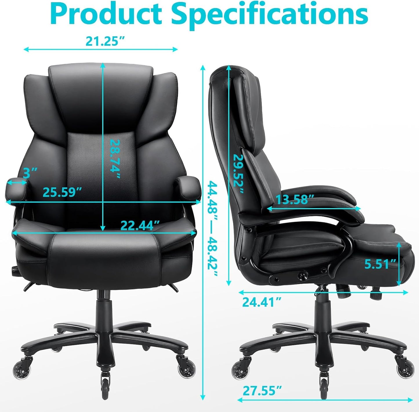 500lbs Big and Tall Office Chair, Heavy Duty Office Chair for Heavy People, High Back Executive Desk Chair with Adjustable Lumbar Support, Quiet Rubber Wheel