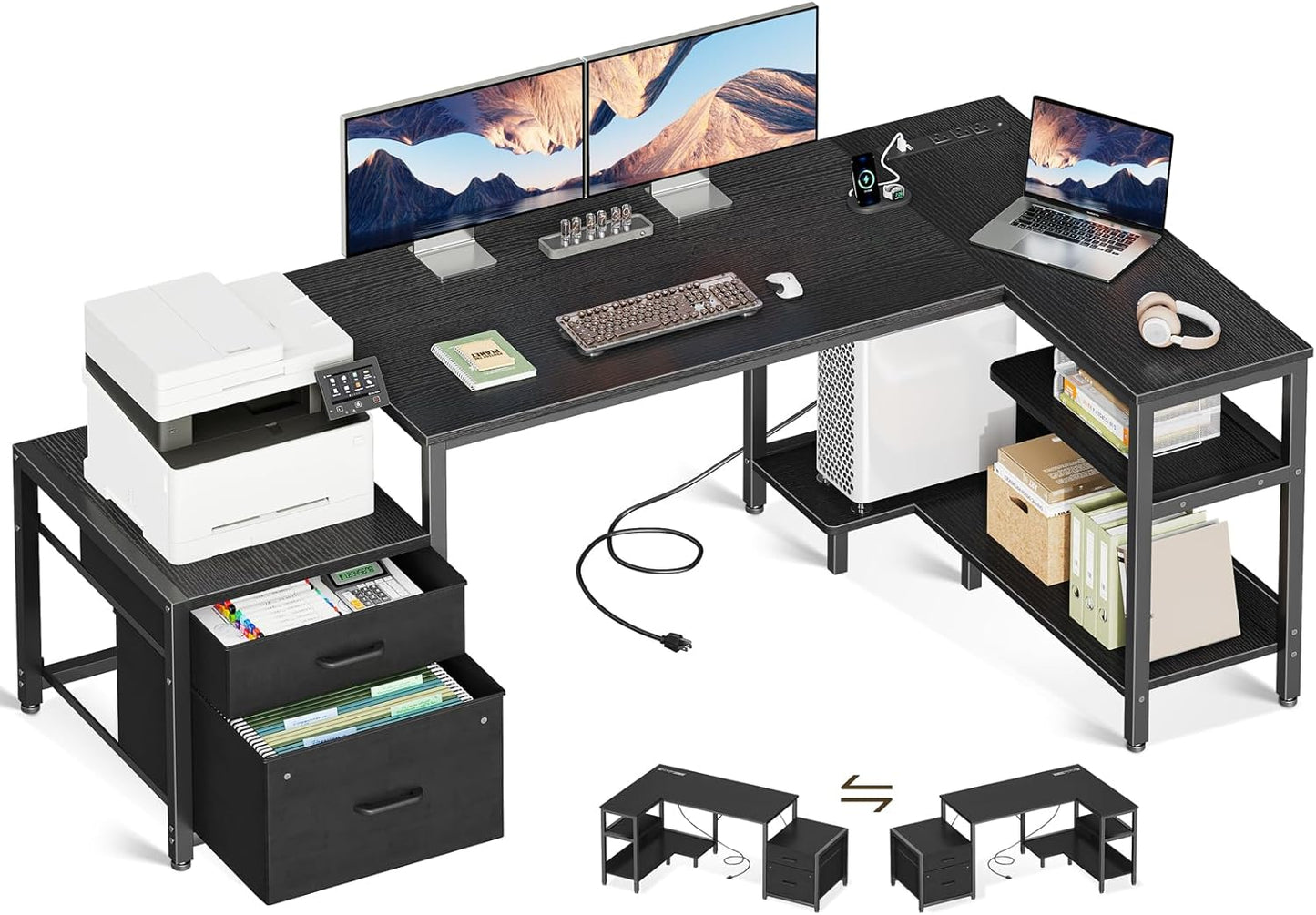 Casaottima L Shaped Desk with Drawers & File Cabinet, 55 Inch Computer Desk with Storage Shelves & CPU Stand, Corner Desk with Power Outlets, Reversible L Desk for Home Office, Rustic Brown