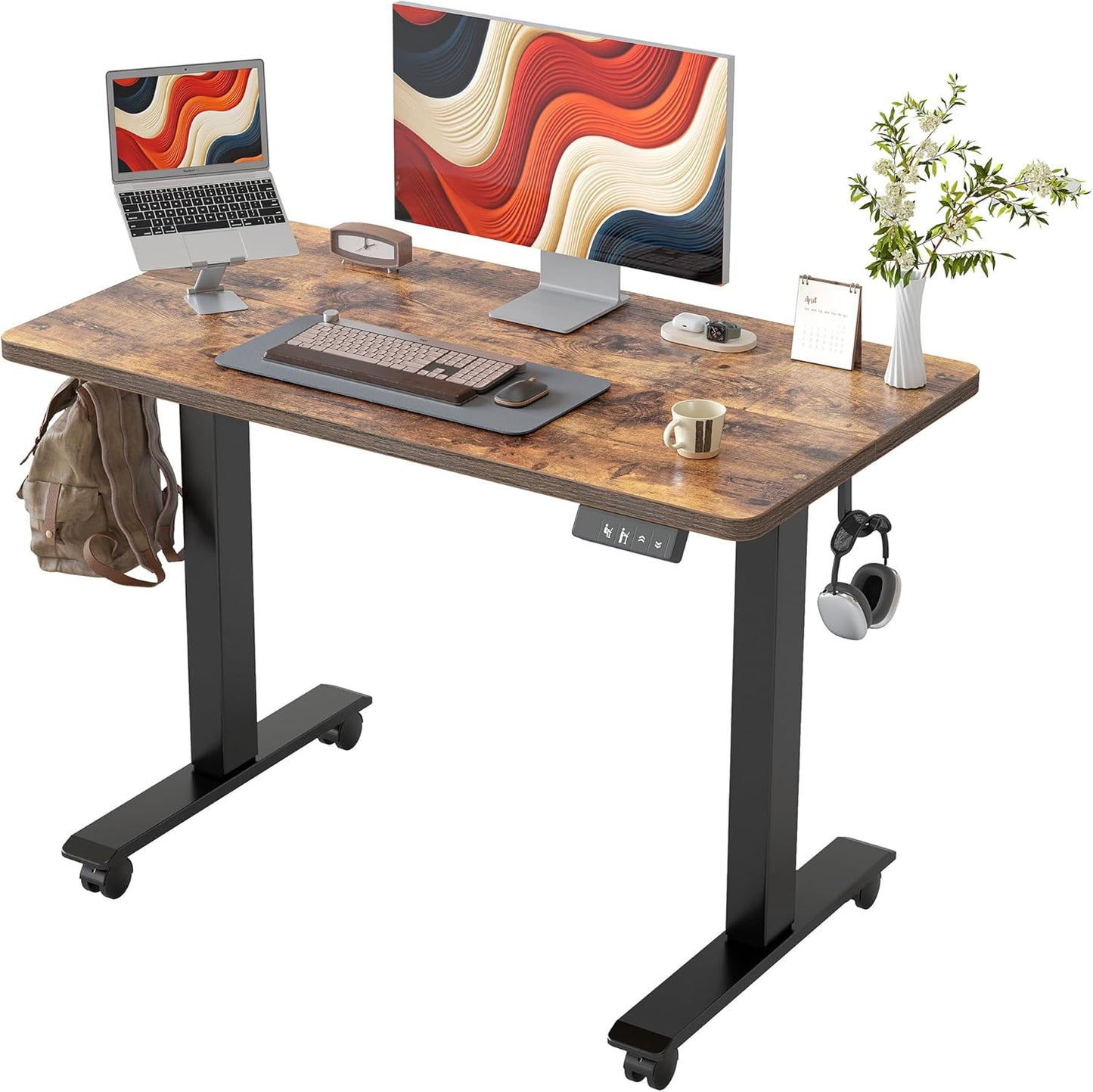 TIQLAB Height Adjustable Electric Standing Desk, 47 x 24 inch, Sit Stand Up Desk, Splice Board, Computer Home Office Desk, White Frame/Maple Top