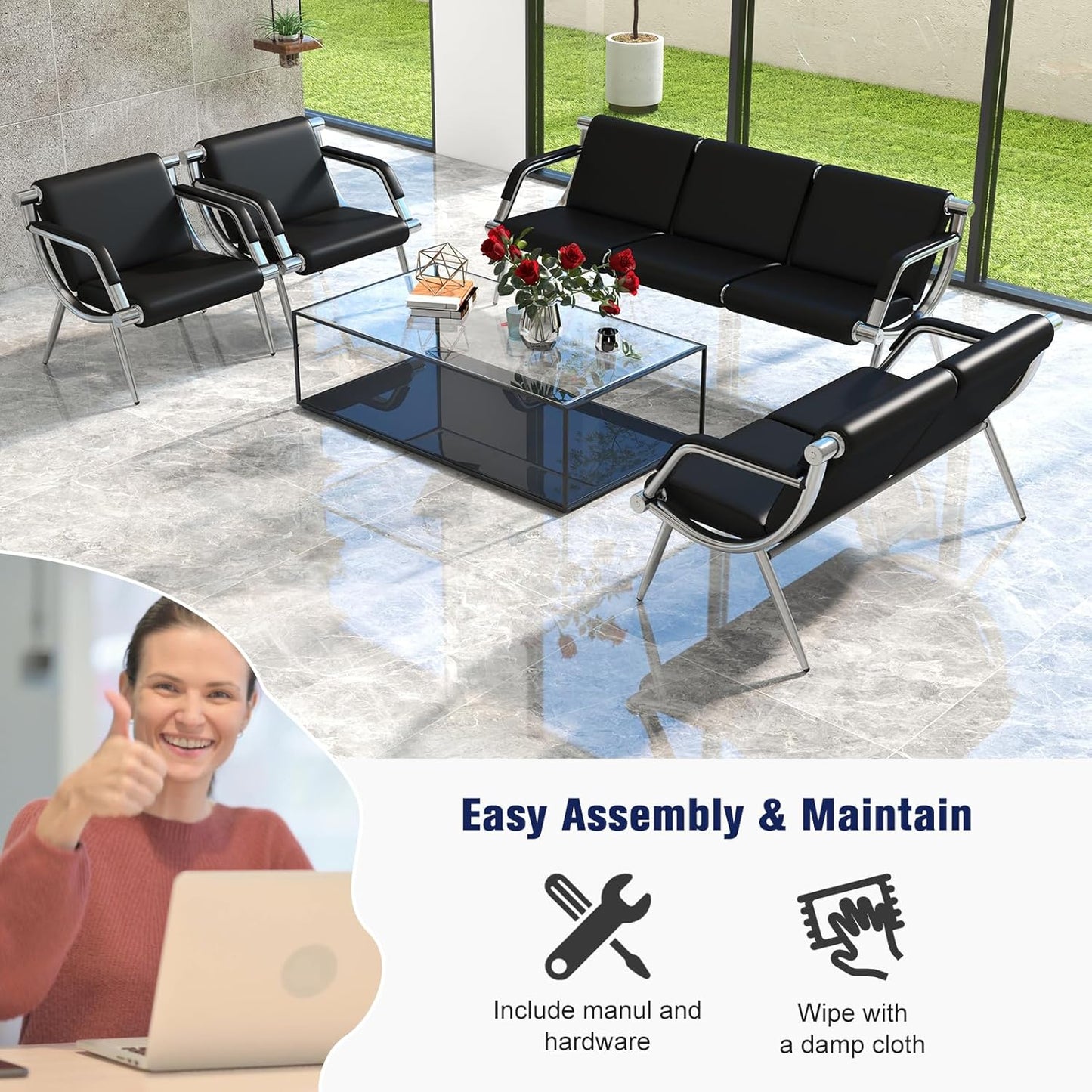Kinpaw Waiting Room Chairs Reception Bench - Leather Office Chair with Padded Arms & Backrest, Heavy Duty, Black Comfy Conference Room Chairs for Meeting Conference, Office