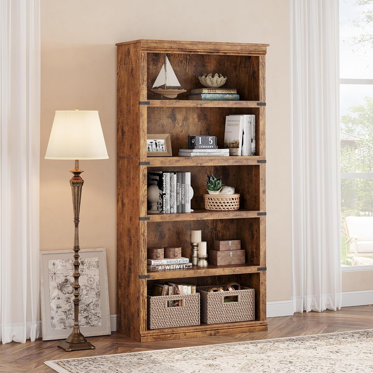 IDEALHOUSE 5 Tier Bookcase, Farmhouse Book Shelf with Storage, 71" Tall Book Case Wooden 5 Shelf Bookcase for Home Office, Living Room, Bed Room (Vintage, 67.4" H x 31.5" W x 12.8" D)