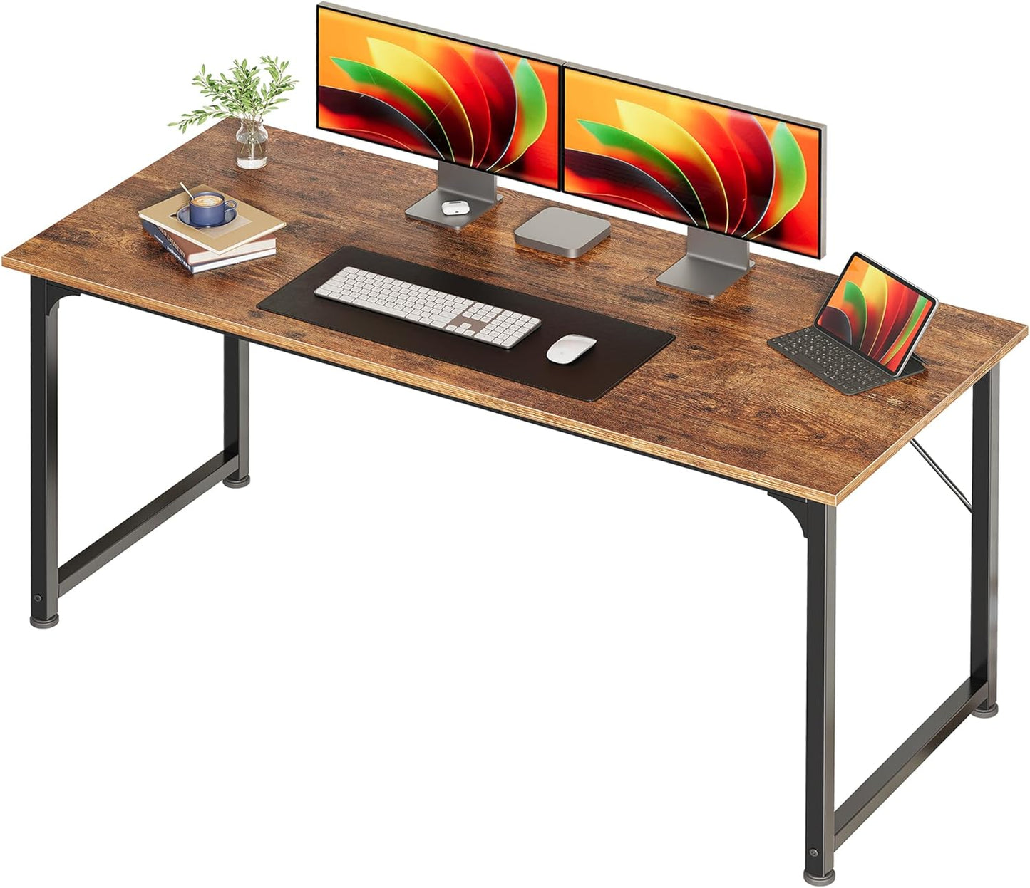 Huuger Computer Desk, 63 Inch Office Desk, Gaming Desk Writing Desk, Work Desk for Home Office, Study, Modern Simple Desk, Large Legroom, Metal Frame, Rustic Brown and Black