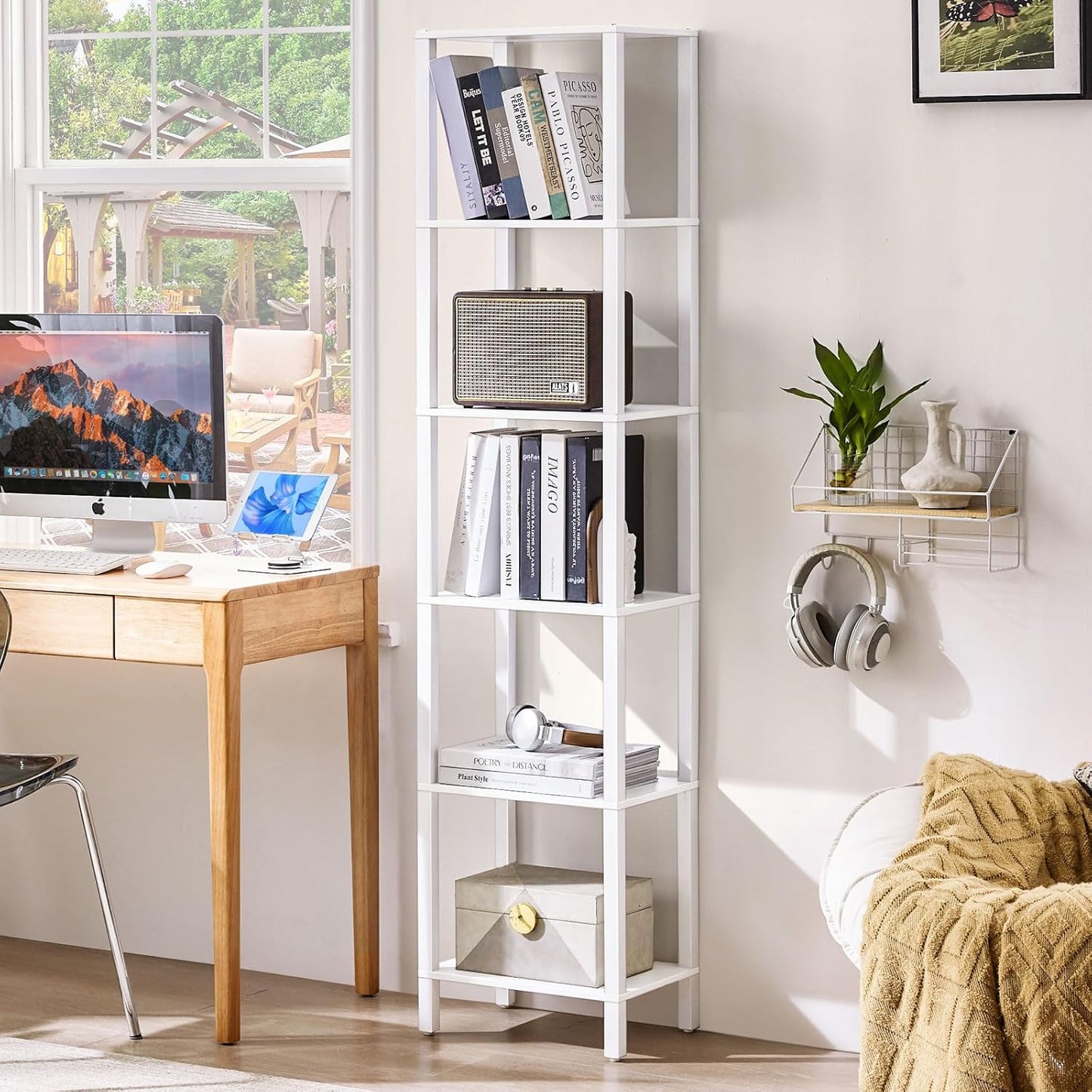 54in Tall Bookshelf 5-Tier Small Narrow Bookcase, Skinny Book Shelf for Small Space, Farmhouse Slim Shelf with Storage, Wood Freestanding Display Thin Bookshelves for Living Room, Office, White