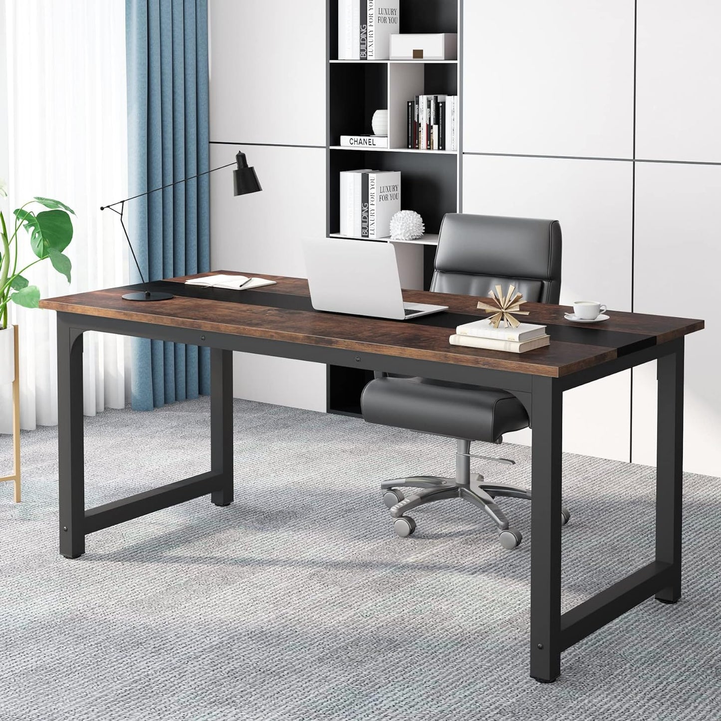Tribesigns 63” Executive Desk, Large Office Computer Desk with Thicken Frame, Modern Simple Workstation Business Furniture for Home Office, Rustic Brown/Black, 63'' W x 23.6'' D