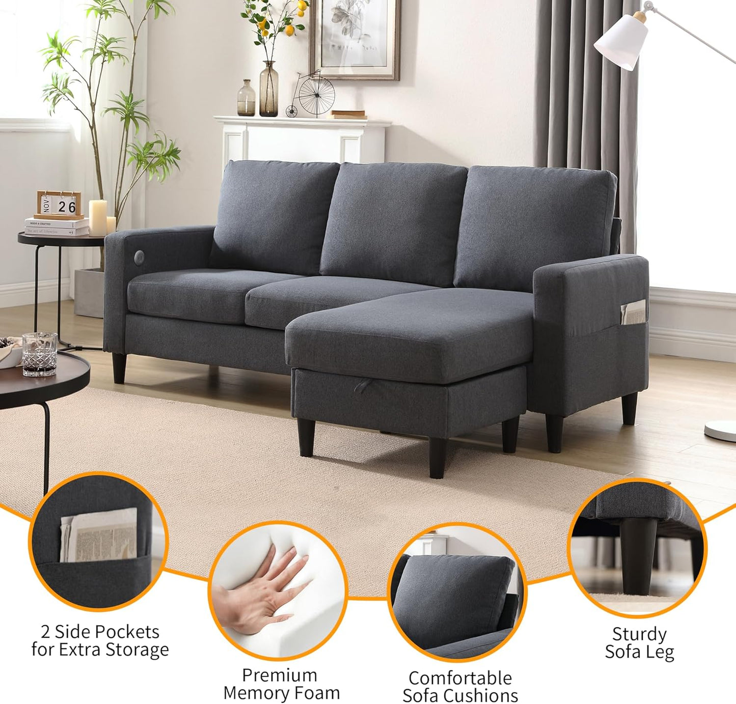 Convertible Sectional Couches for Living Room, L-Shaped Couch 3 Seats Sofas with Storage Chaise & TPC Charging Port, Small Sofa for Apartment, Compact Spaces, Linen, Dark Grey