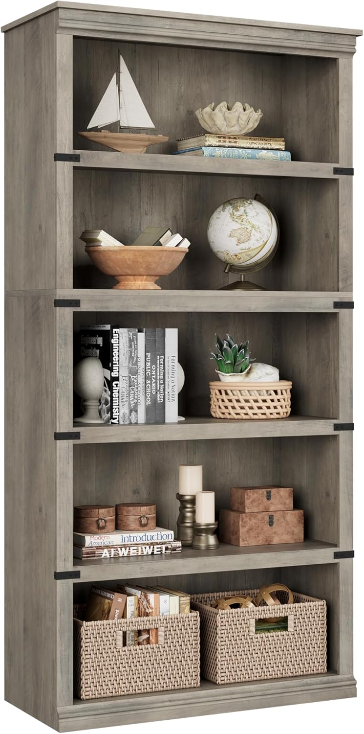 IDEALHOUSE 5 Tier Bookcase, Farmhouse Book Shelf with Storage, 71" Tall Book Case Wooden 5 Shelf Bookcase for Home Office, Living Room, Bed Room (Vintage, 67.4" H x 31.5" W x 12.8" D)