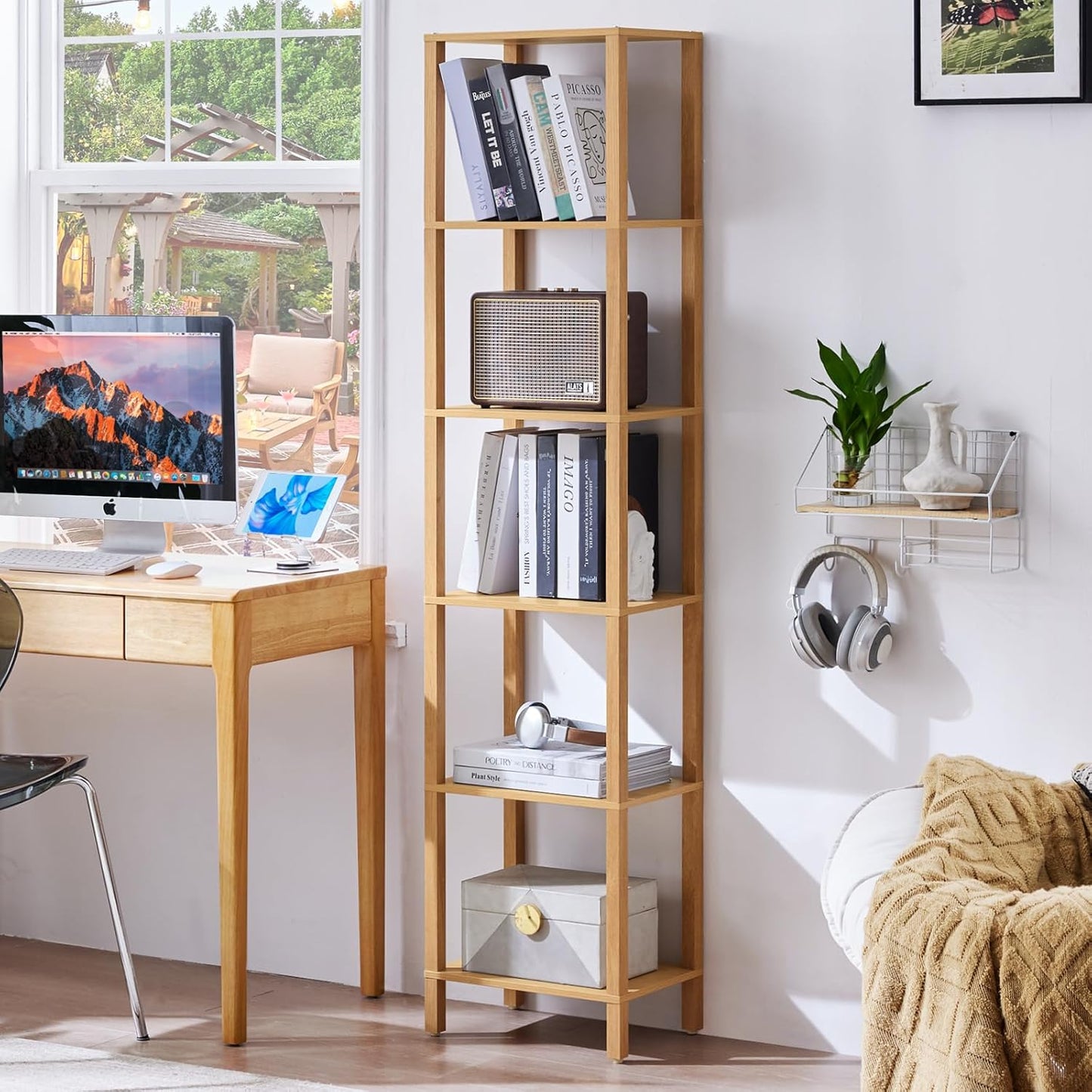 54in Tall Bookshelf 5-Tier Small Narrow Bookcase, Skinny Book Shelf for Small Space, Farmhouse Slim Shelf with Storage, Wood Freestanding Display Thin Bookshelves for Living Room, Office, White