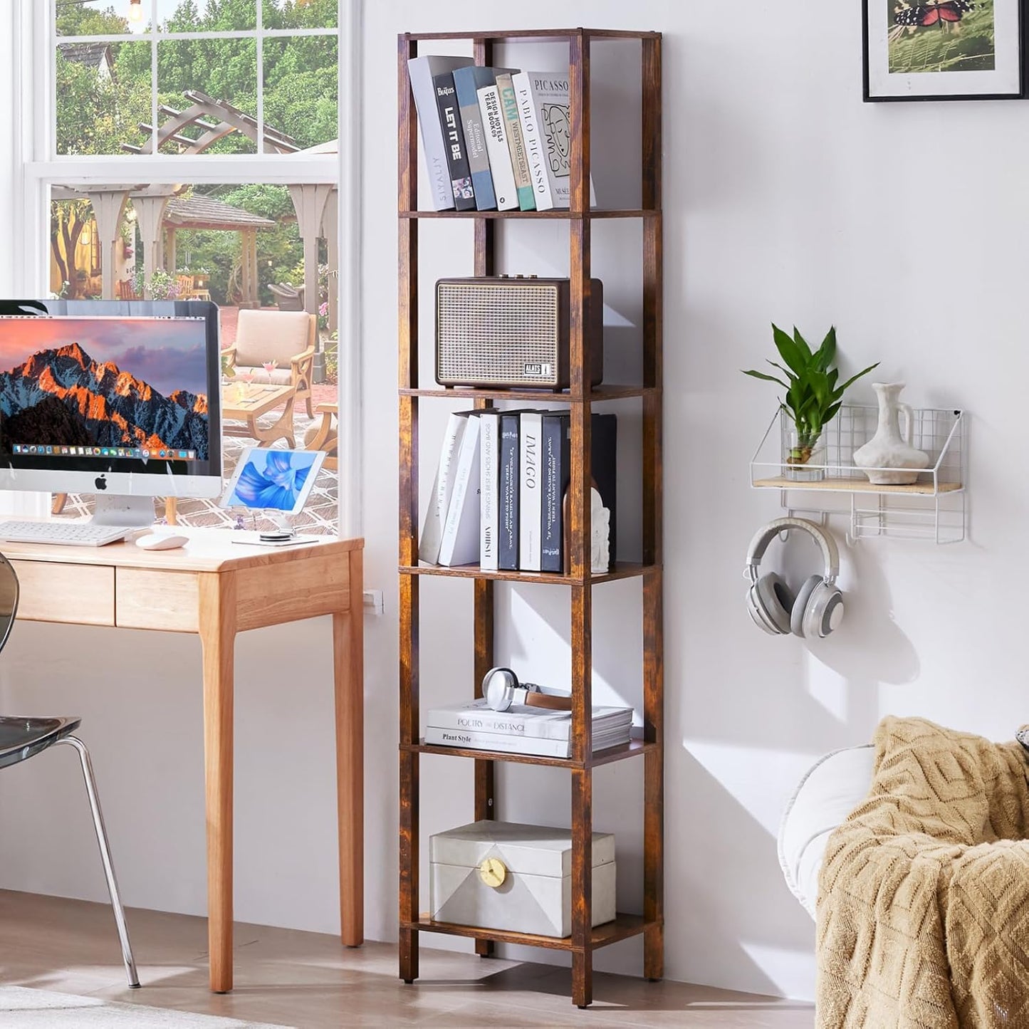 54in Tall Bookshelf 5-Tier Small Narrow Bookcase, Skinny Book Shelf for Small Space, Farmhouse Slim Shelf with Storage, Wood Freestanding Display Thin Bookshelves for Living Room, Office, White