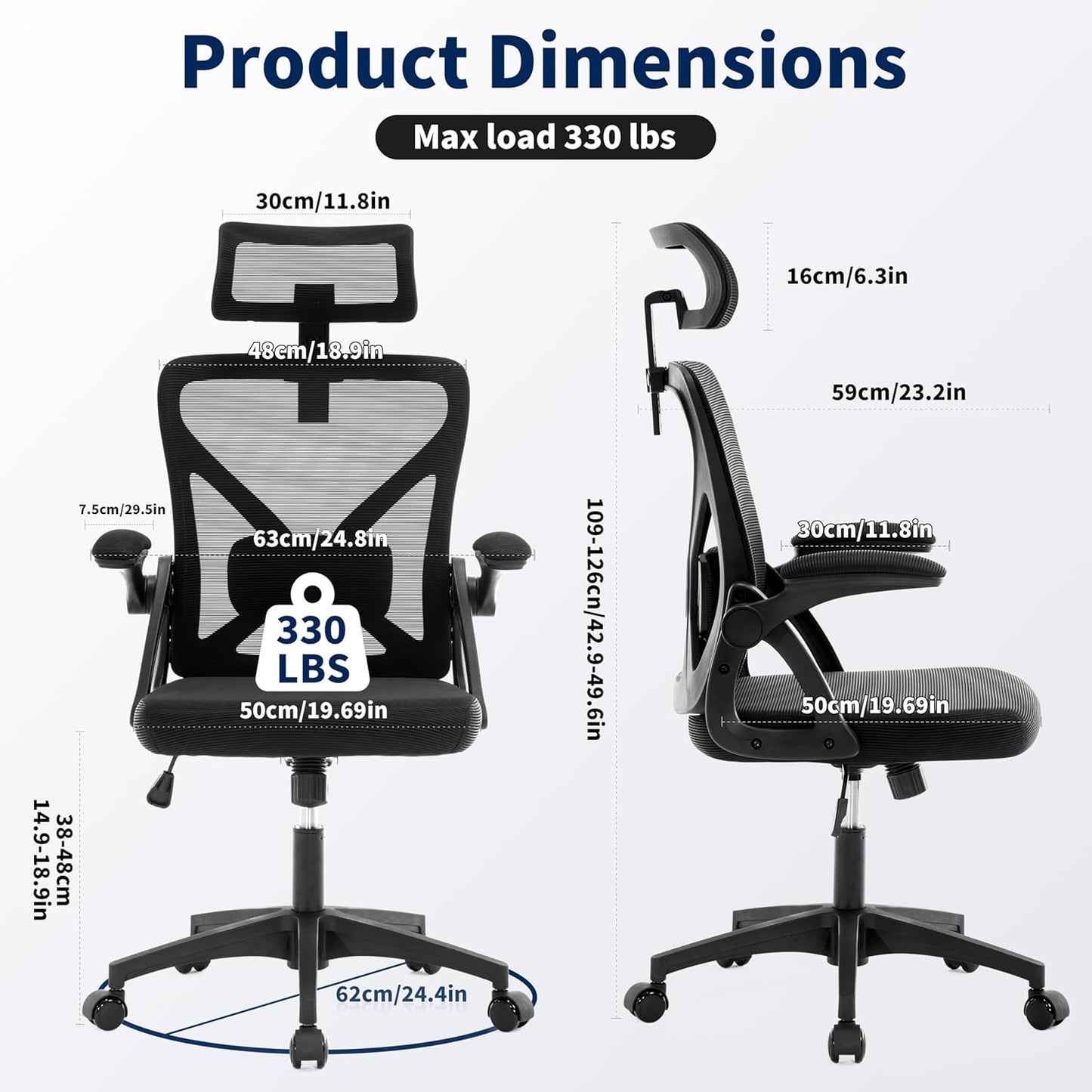 Office Chair,Ergonomic Desk Chair with Adjustable Lumbar Support,400 Lbs Mesh Computer Chair High Back with Headrest for Home Office (Black)