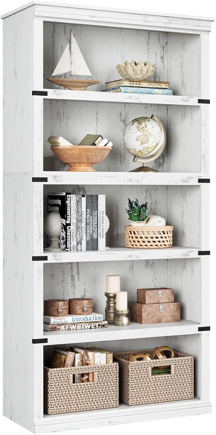 IDEALHOUSE 5 Tier Bookcase, Farmhouse Book Shelf with Storage, 71" Tall Book Case Wooden 5 Shelf Bookcase for Home Office, Living Room, Bed Room (Vintage, 67.4" H x 31.5" W x 12.8" D)