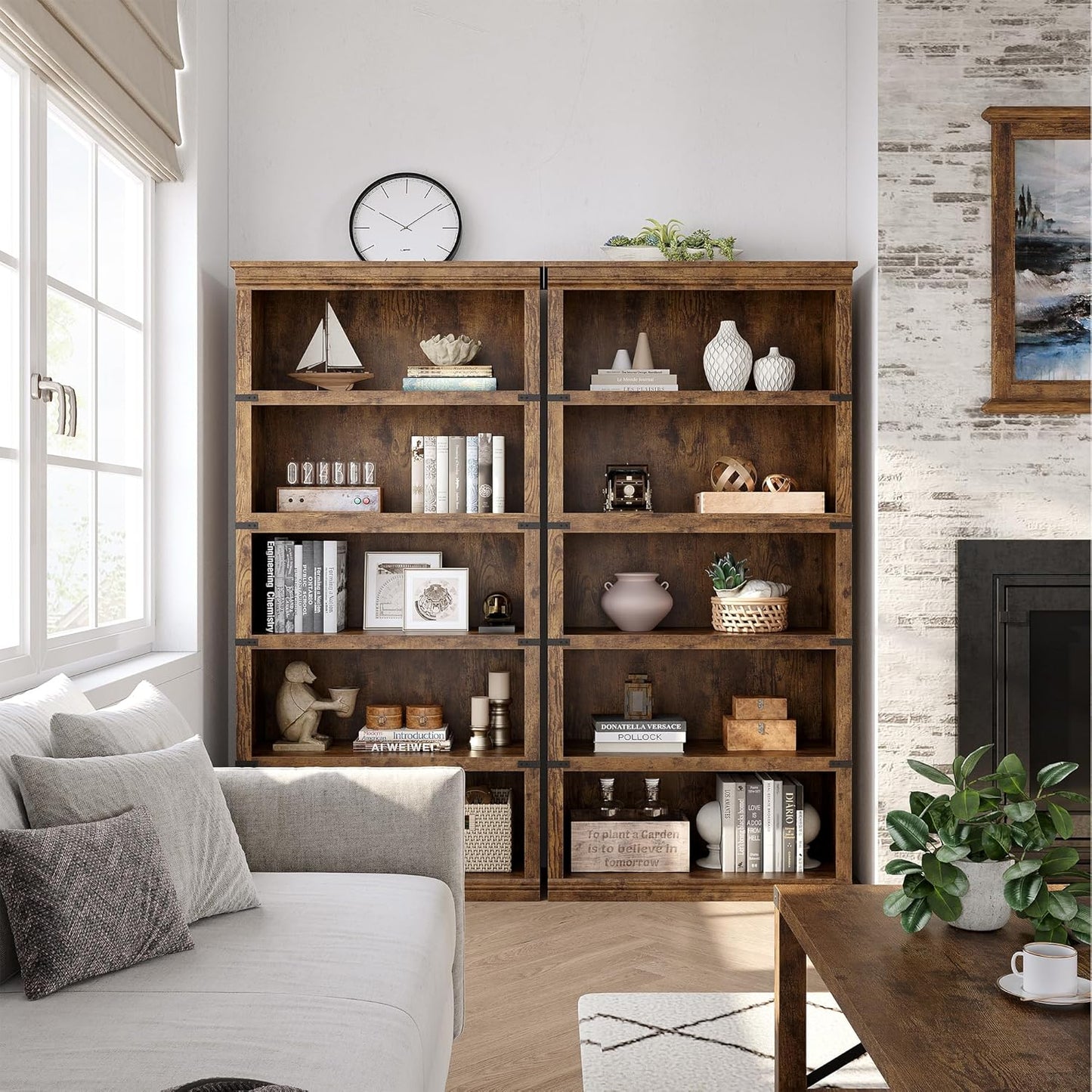 IDEALHOUSE 5 Tier Bookcase, Farmhouse Book Shelf with Storage, 71" Tall Book Case Wooden 5 Shelf Bookcase for Home Office, Living Room, Bed Room (Vintage, 67.4" H x 31.5" W x 12.8" D)