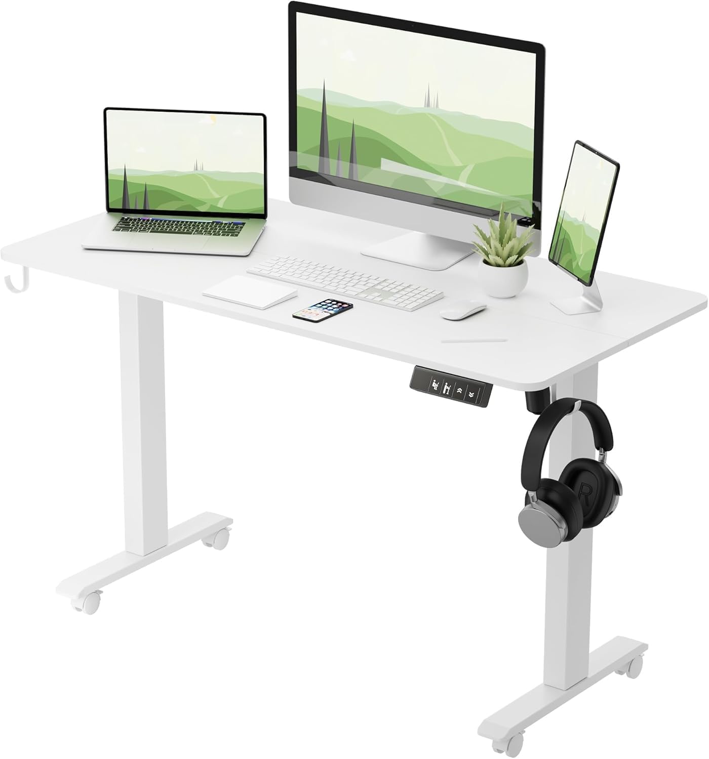 TIQLAB Height Adjustable Electric Standing Desk, 47 x 24 inch, Sit Stand Up Desk, Splice Board, Computer Home Office Desk, White Frame/Maple Top
