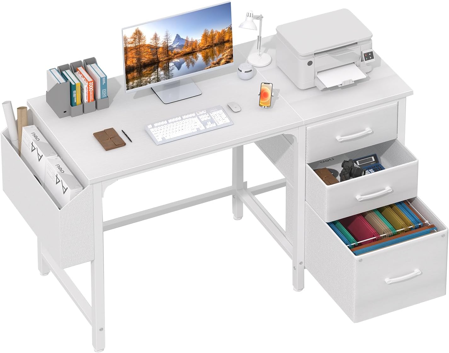 Lufeiya Computer Desk with Fabric File Drawers Cabinet, 47 Inch Reversible Home Office Desks with Filing Cabinet for Small Space, Study Writing Table PC Desks, Rustic Brown
