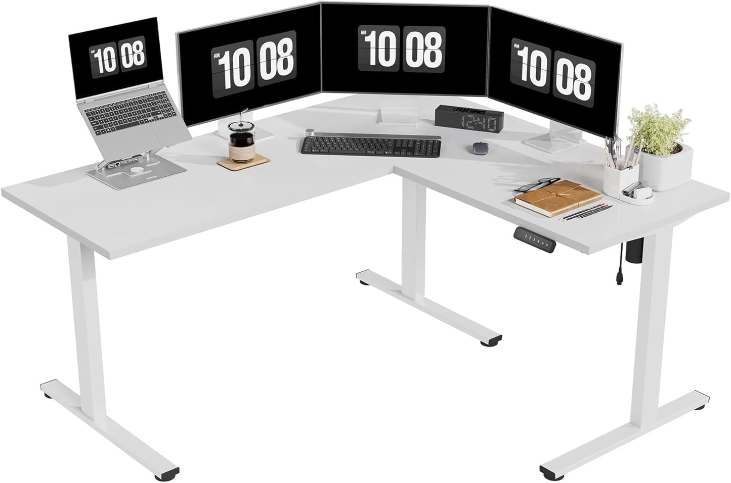 SANODESK 71-Inch Large Dual Motor L-Shaped Electric Height Adjustable Standing Desk - Reversible Panel - White Top/White Frame - Ideal for Gaming, Home Office or Computer Workstation