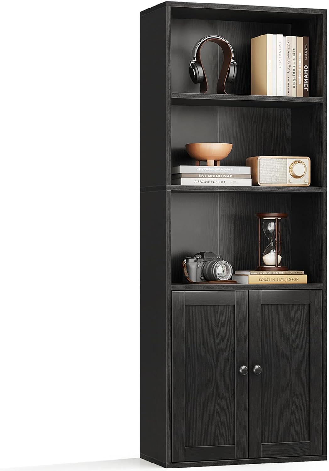 Casaottima Bookshelf and Bookcase with Doors, Floor Standing 5-Tier Shelf Display Storage Shelves, Tall Bookcases for Home Office, Living Room, White