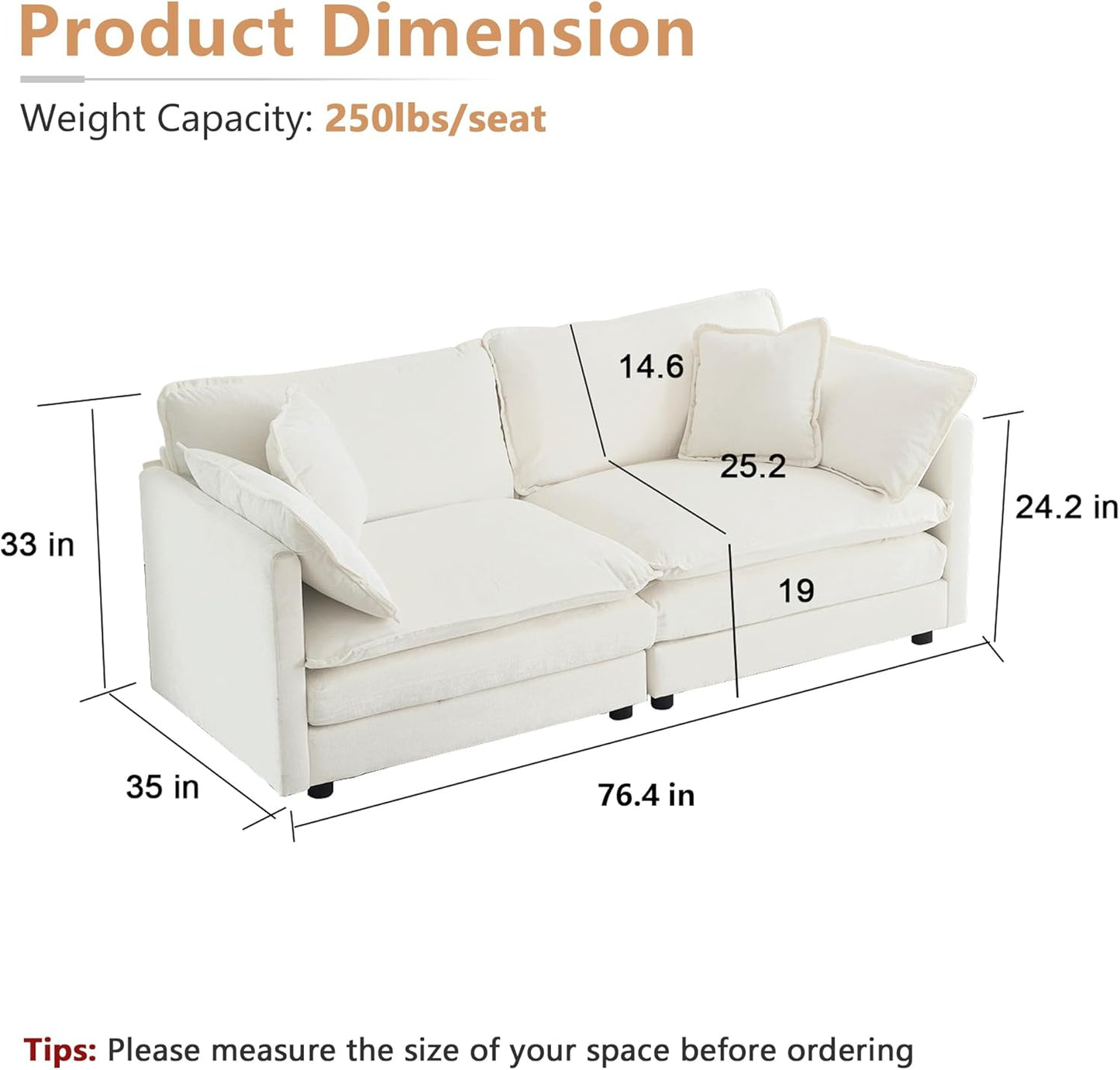 mikibama Luxury Loveseat Sofa Couch, 76" Modern Chenille Deep 2-Seater Cloud Couch with 2 Armrest Pillows and 2 Toss Pillows, Love Seat for Living Room Bedroom Office Apartment, Beige