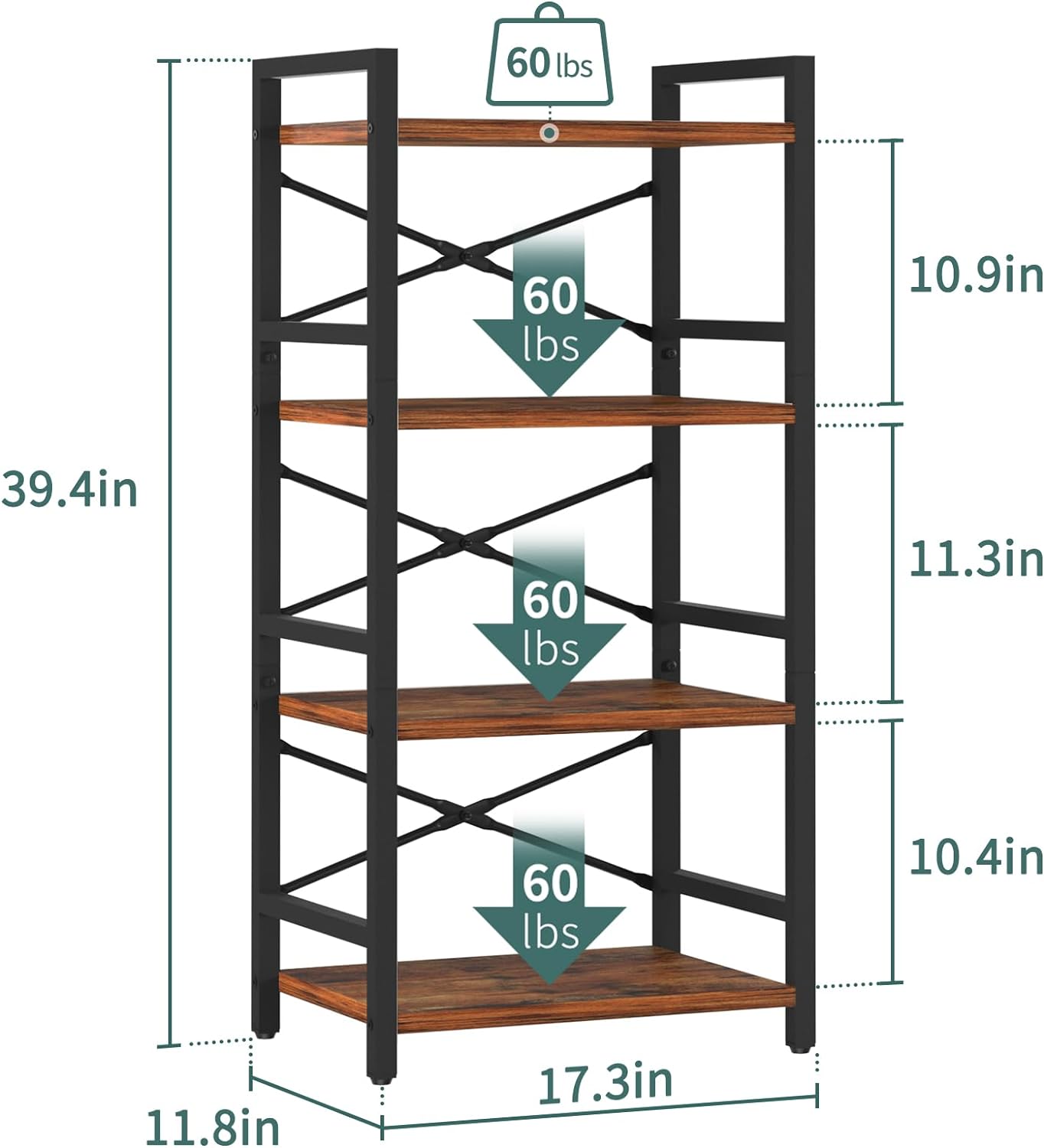 Yoobure 4 Tier Bookshelf - Small Book Shelf Industrial Bookcase, Narrow Book Case Book Storage Organizer for CD/Movie/Book, Bookshelves for Bedroom Office Living Room Berry Brown