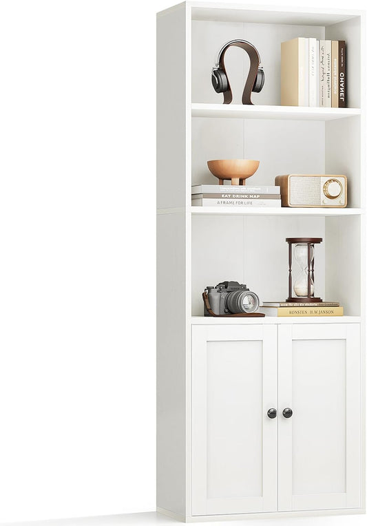 Casaottima Bookshelf and Bookcase with Doors, Floor Standing 5-Tier Shelf Display Storage Shelves, Tall Bookcases for Home Office, Living Room, White