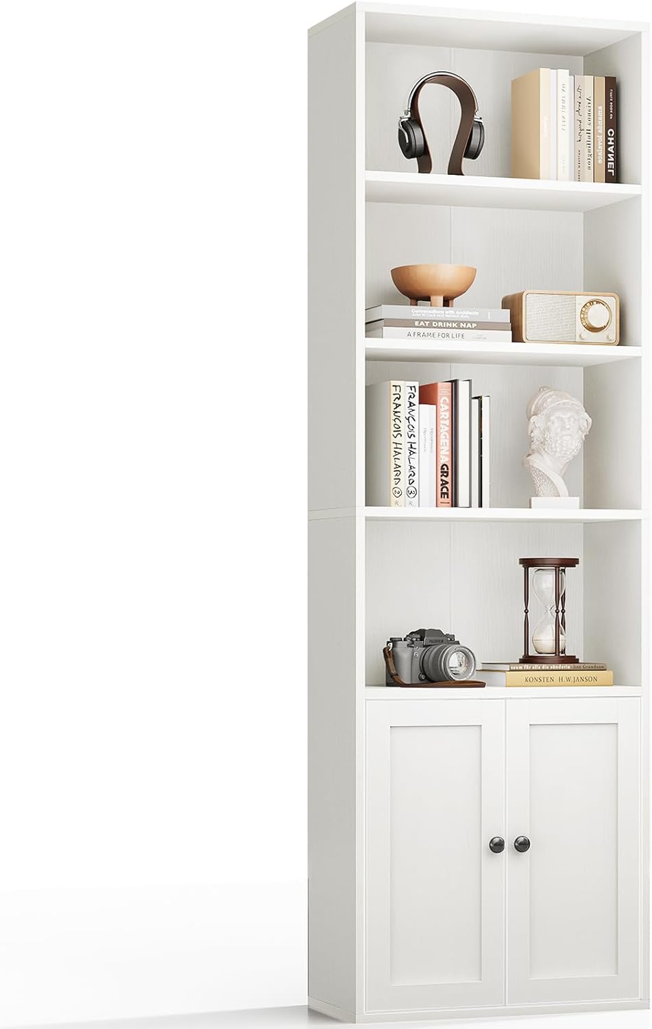 Casaottima Bookshelf and Bookcase with Doors, Floor Standing 5-Tier Shelf Display Storage Shelves, Tall Bookcases for Home Office, Living Room, White