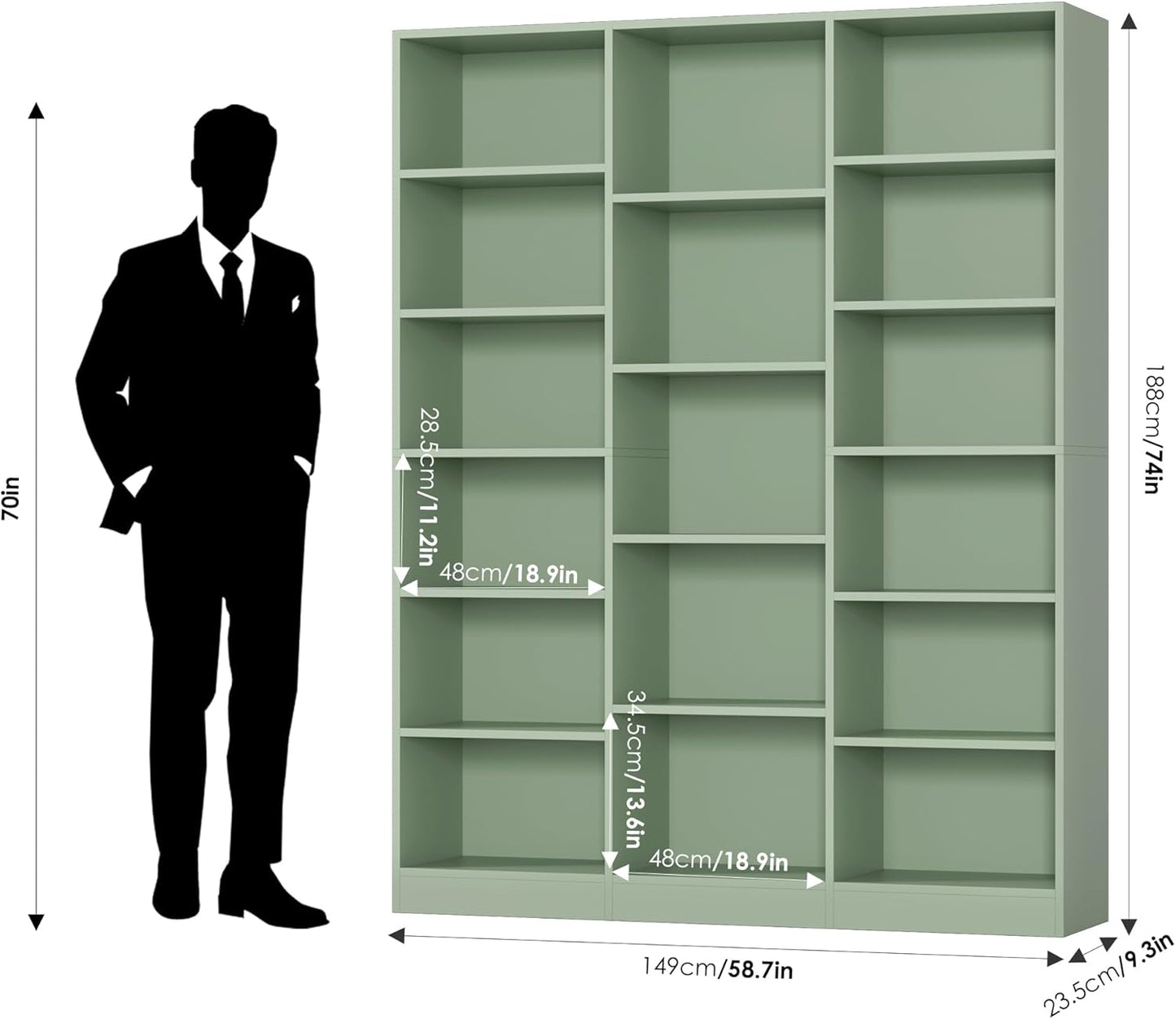 Triple Wide Bookshelf, 6 Tier Large Bookshelf, Bookcase with 17 Open Display Shelves, 74'' Tall Bookcases and Bookshelves for Living Room, Home Office, Library, Green