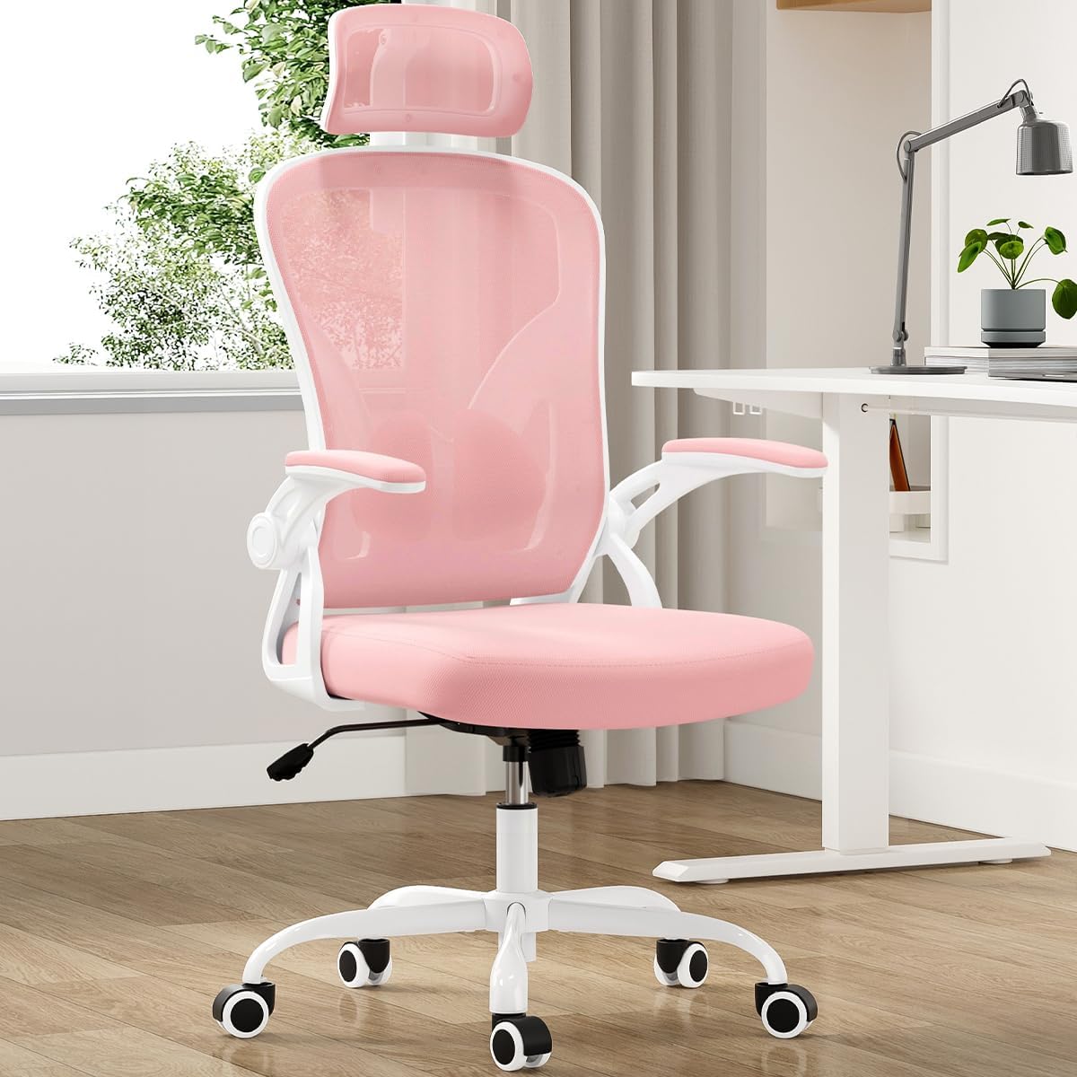 Farini Ergonomic Office Chair, Home Office Desk Chair with Headrest, High Back Computer Chair with Armrests and Adjustable Lumbar Support for Home Office Study Room, White & Khaki