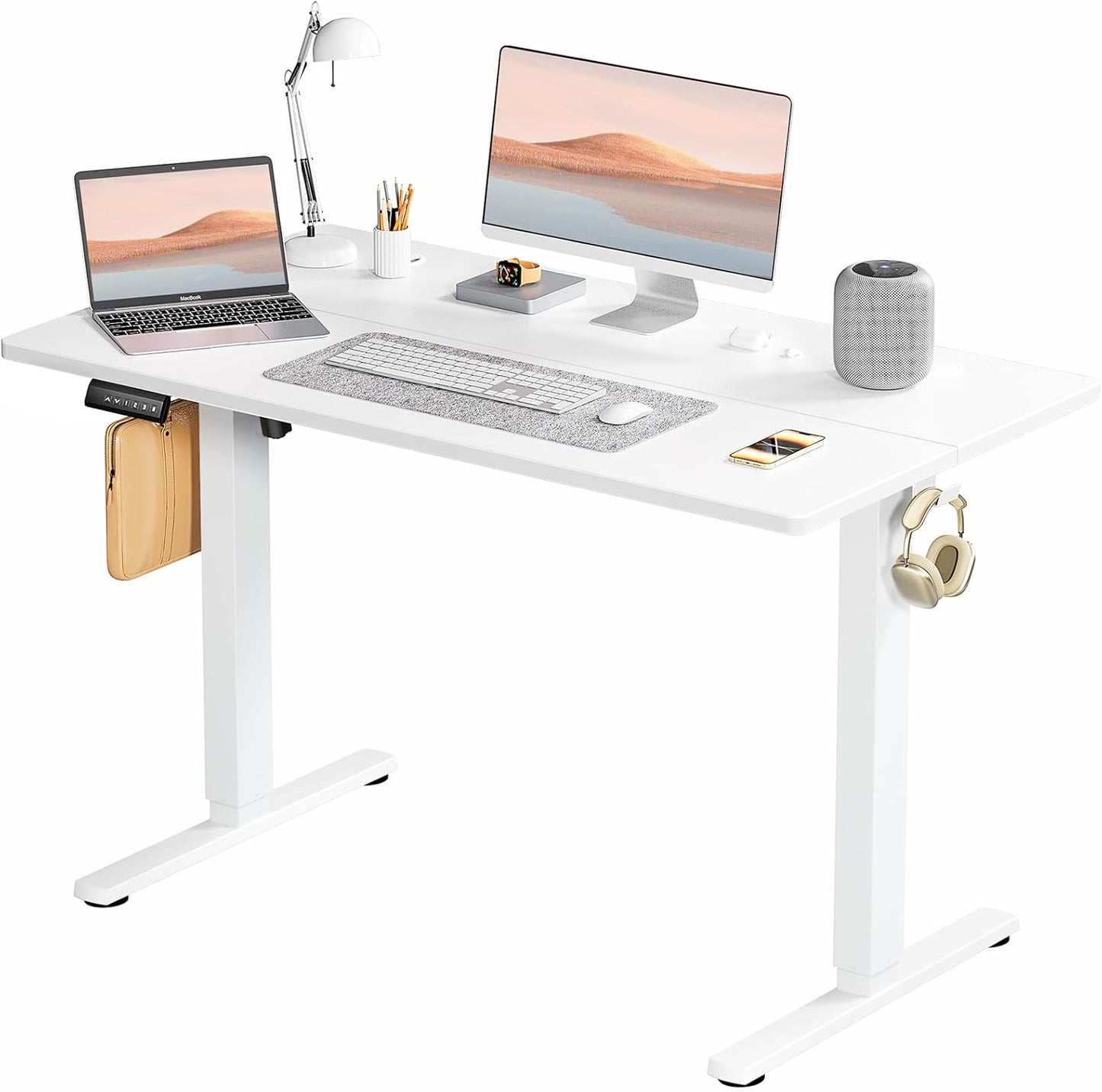 SMUG Standing Desk, Adjustable Height Electric Sit Stand Up Down Computer Table, 55x24 Inch Ergonomic Rising Modern Lift Motorized Gaming Desktop Workstation for Work Home Office - White