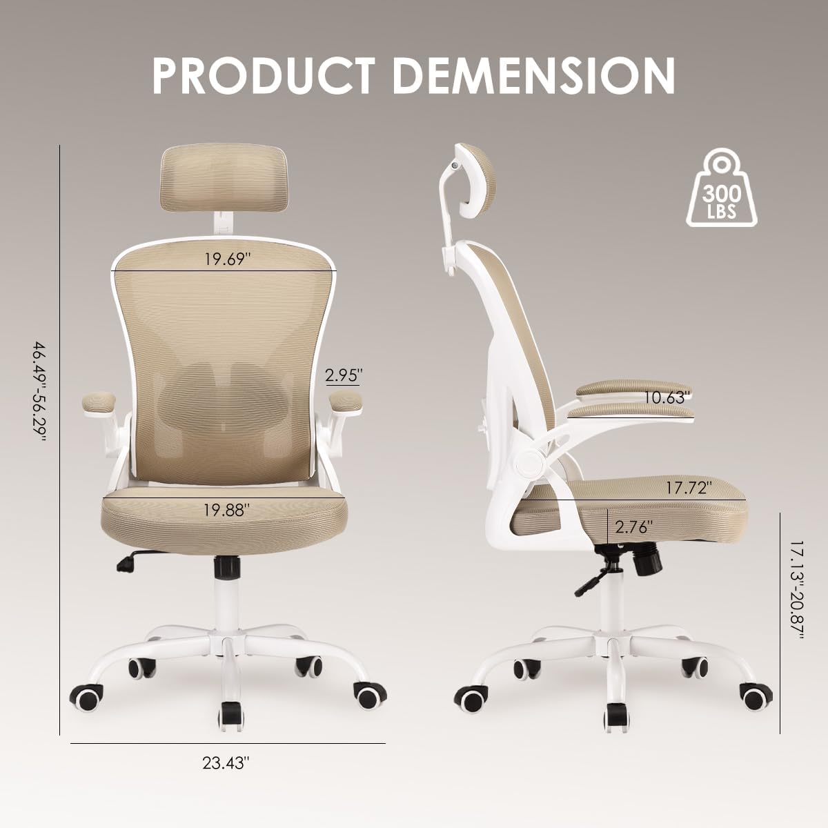 Farini Ergonomic Office Chair, Home Office Desk Chair with Headrest, High Back Computer Chair with Armrests and Adjustable Lumbar Support for Home Office Study Room, White & Khaki