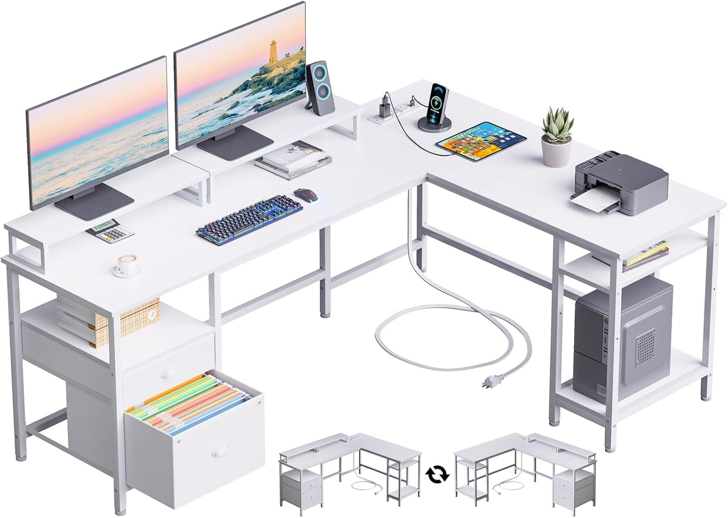 Furologee 66” L Shaped Desk with Power Outlet, Reversible Computer Gaming Desk with File Drawer & 2 Monitor Stands for Home Office with Storage Shelves, Rustic Brown