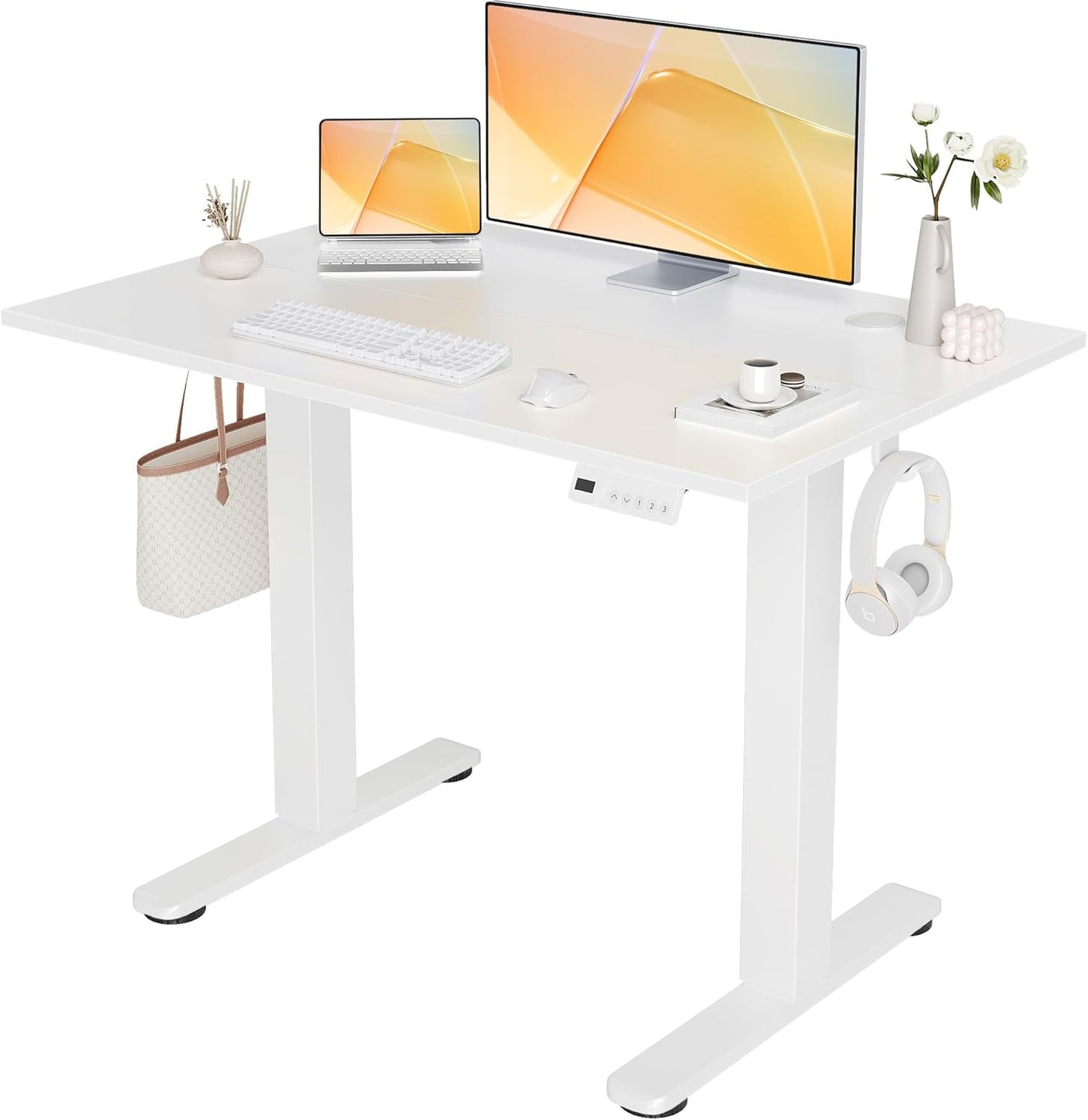 Seang Electric Standing Desk Adjustable Height, 40 x 24 Inch Sit Stand Desk with T-Shaped Frame, 3 Memory Presets & Cable Management for Home Office Computer Workstation, Black Frame/Black Top